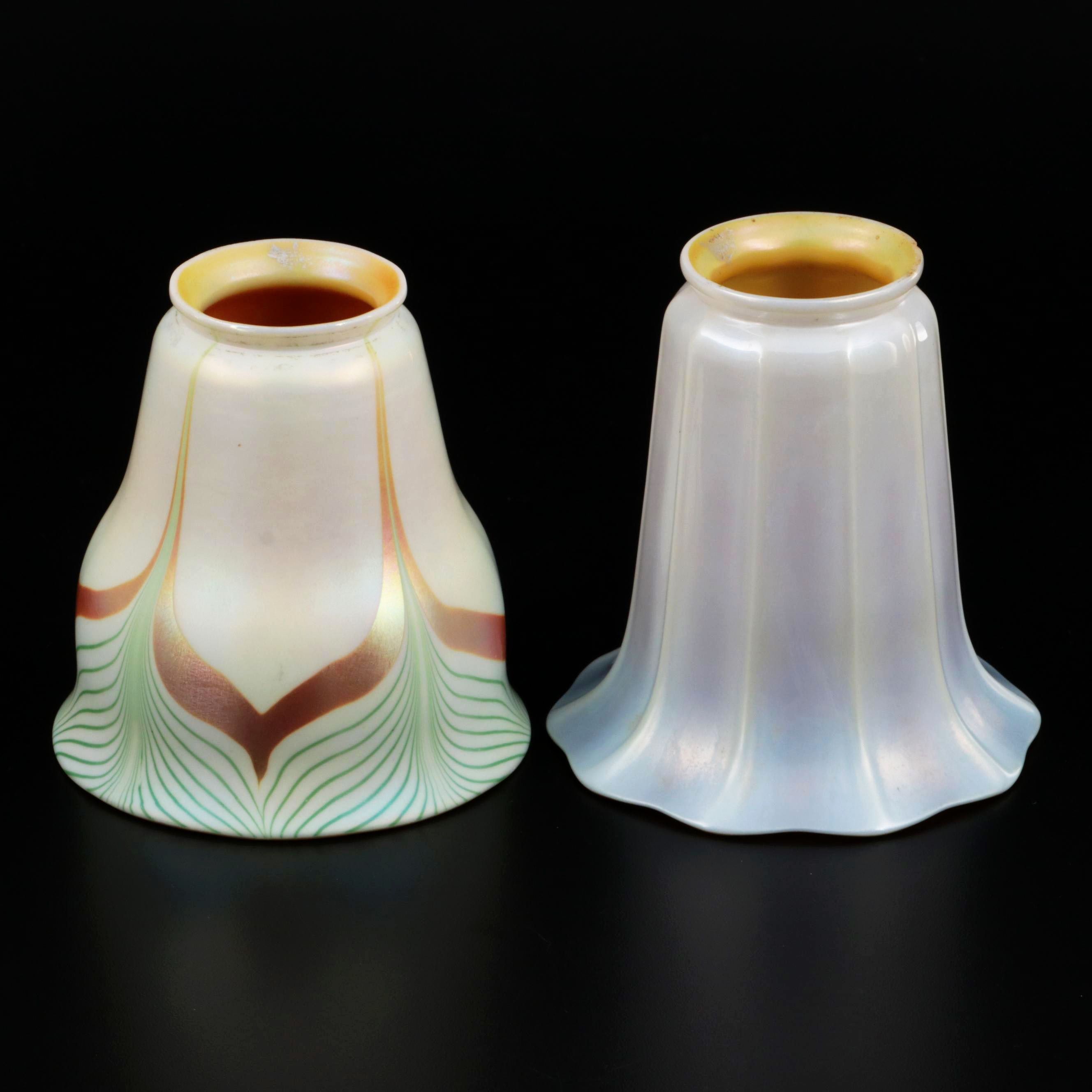 Steuben Art Nouveau Opalescent and Pulled Feather Iridescent Art Glass Shades