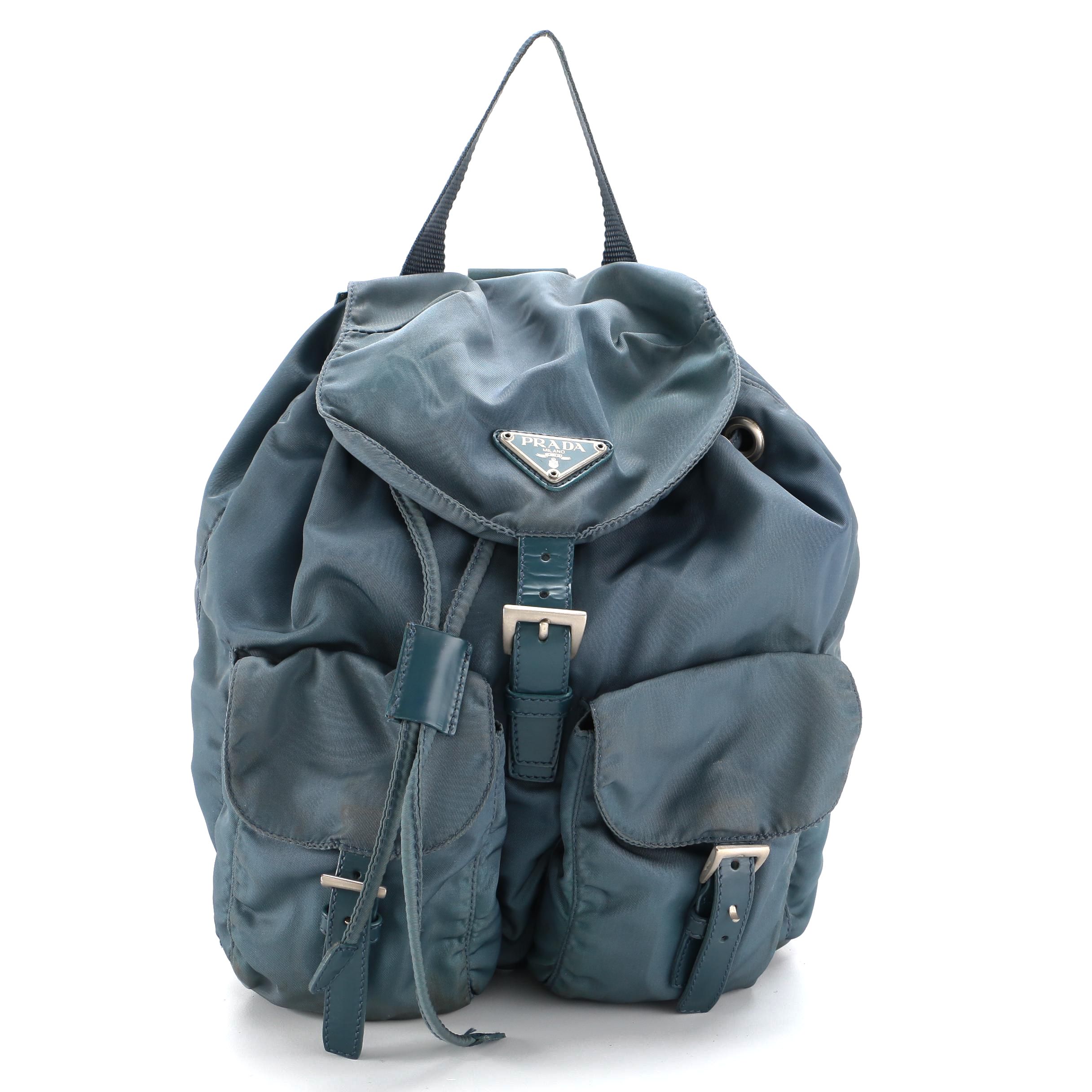 Prada Blue Tessuto Nylon and Leather Trim Backpack Purse