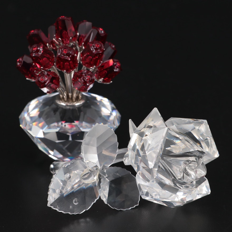Swarovski "Rose" and "Vase of Roses" Crystal Figurines