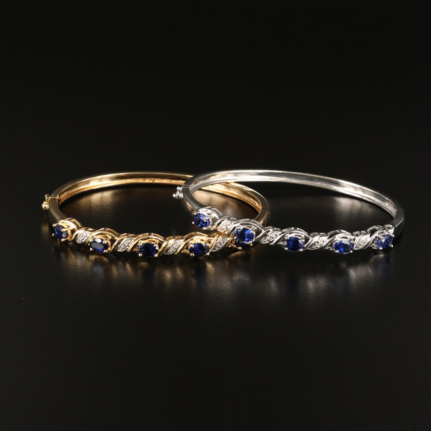 Sterling Hinged Bangles Including Sapphire and Diamond