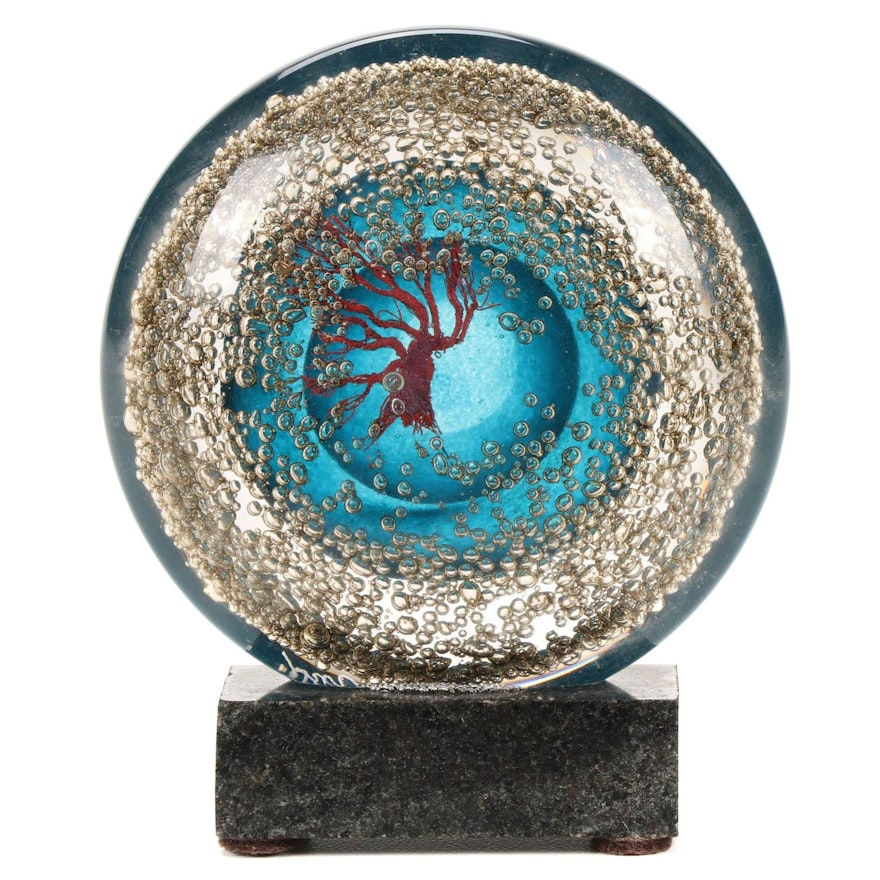 Andy Hudson Handblown Art Glass Tree Motif Paperweight with Granite Base