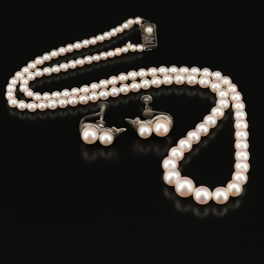 Mikimoto Graduated Pearl Necklace with Pearl Earrings
