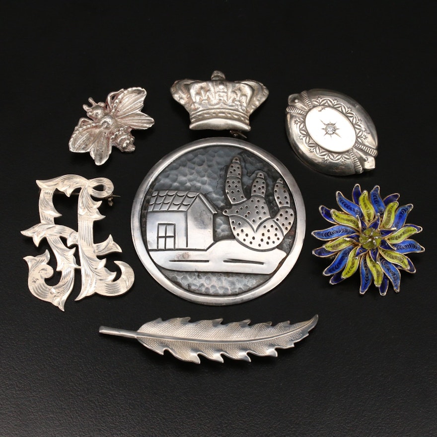 Sterling Brooches with Taxco Converter and 900 Silver Enamel and Filigree Brooch