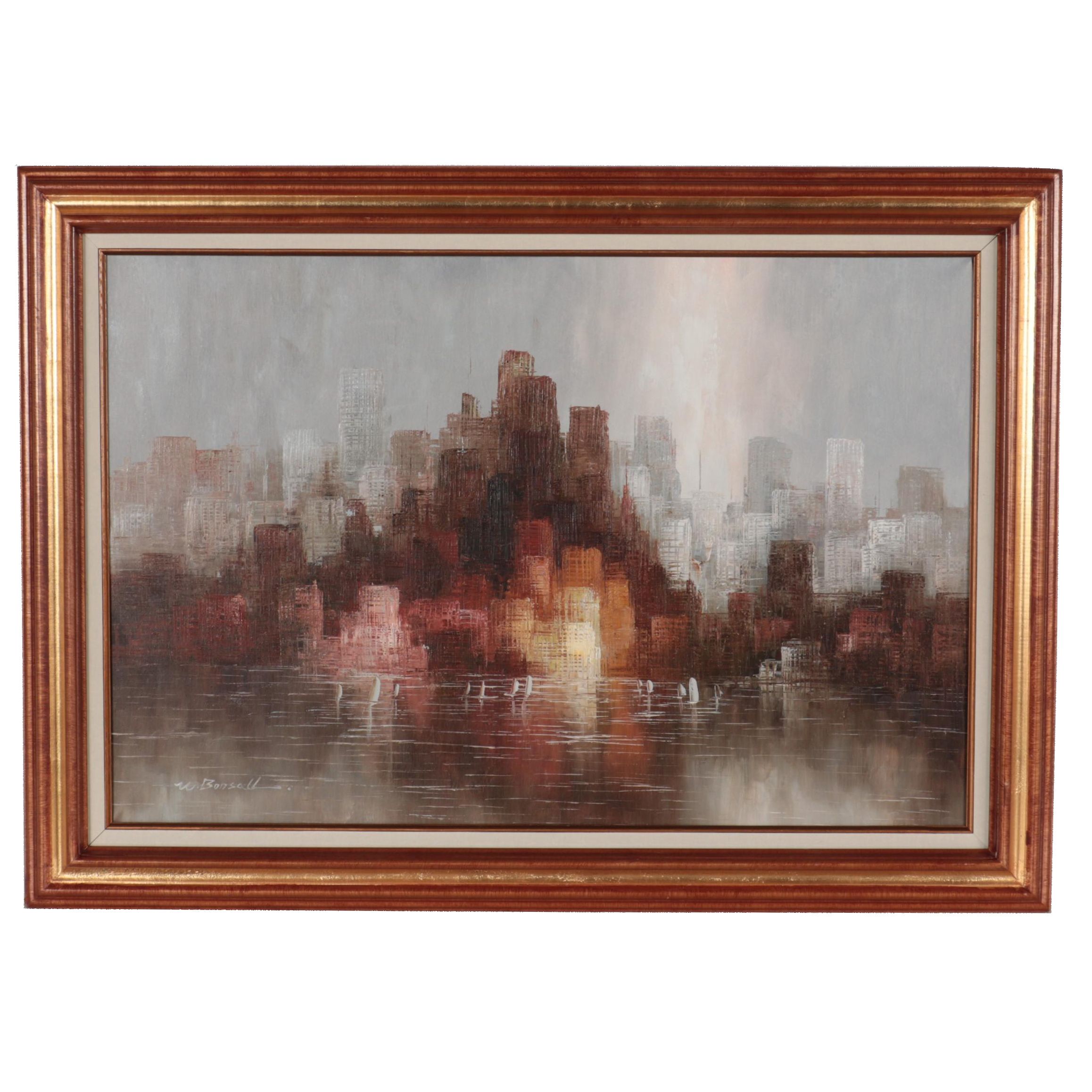 W. Bonsall Abstract Cityscape Oil Painting, Late 20th Century