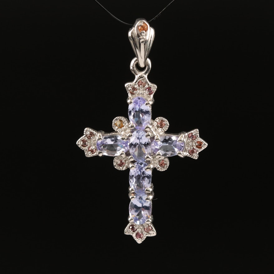 Sterling Silver Tanzanite and Sapphire Cross Pendant