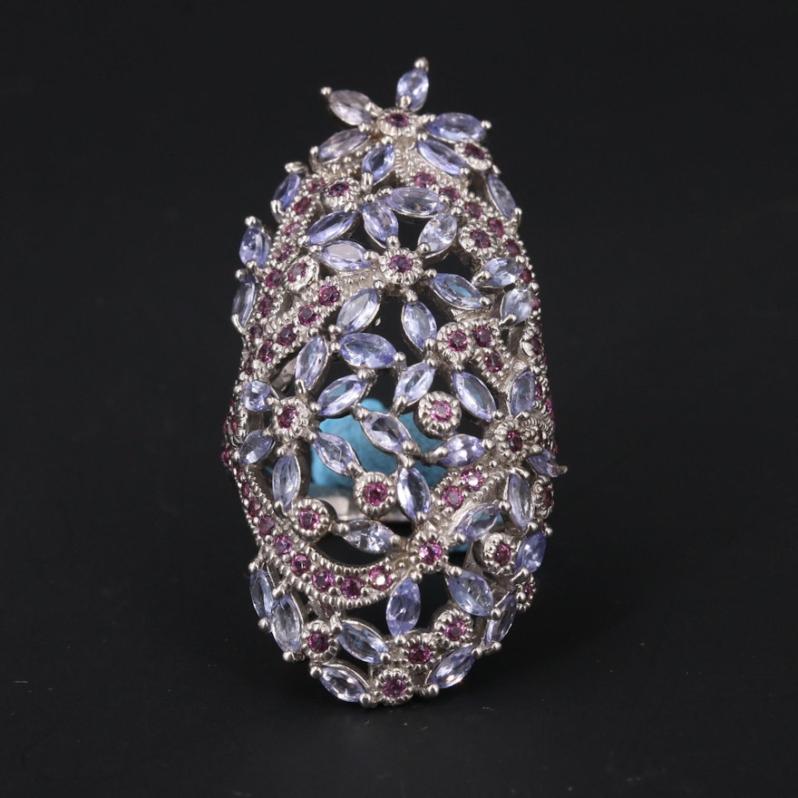 Sterling Tanzanite and Garnet Oval Floral Cluster Ring