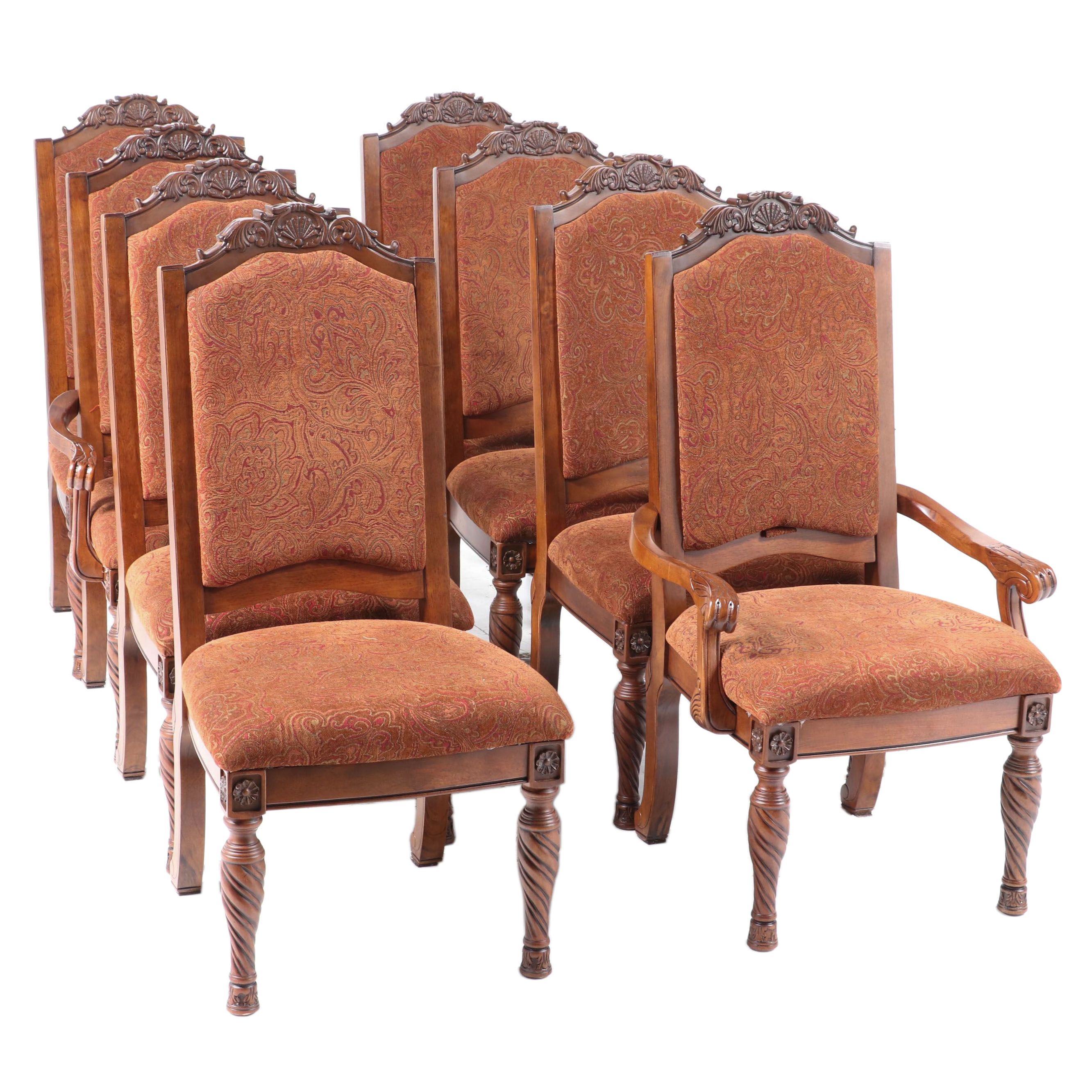 Eight Ashley Furniture "North Shore" Carved Wood and Upholstered Dining Chairs