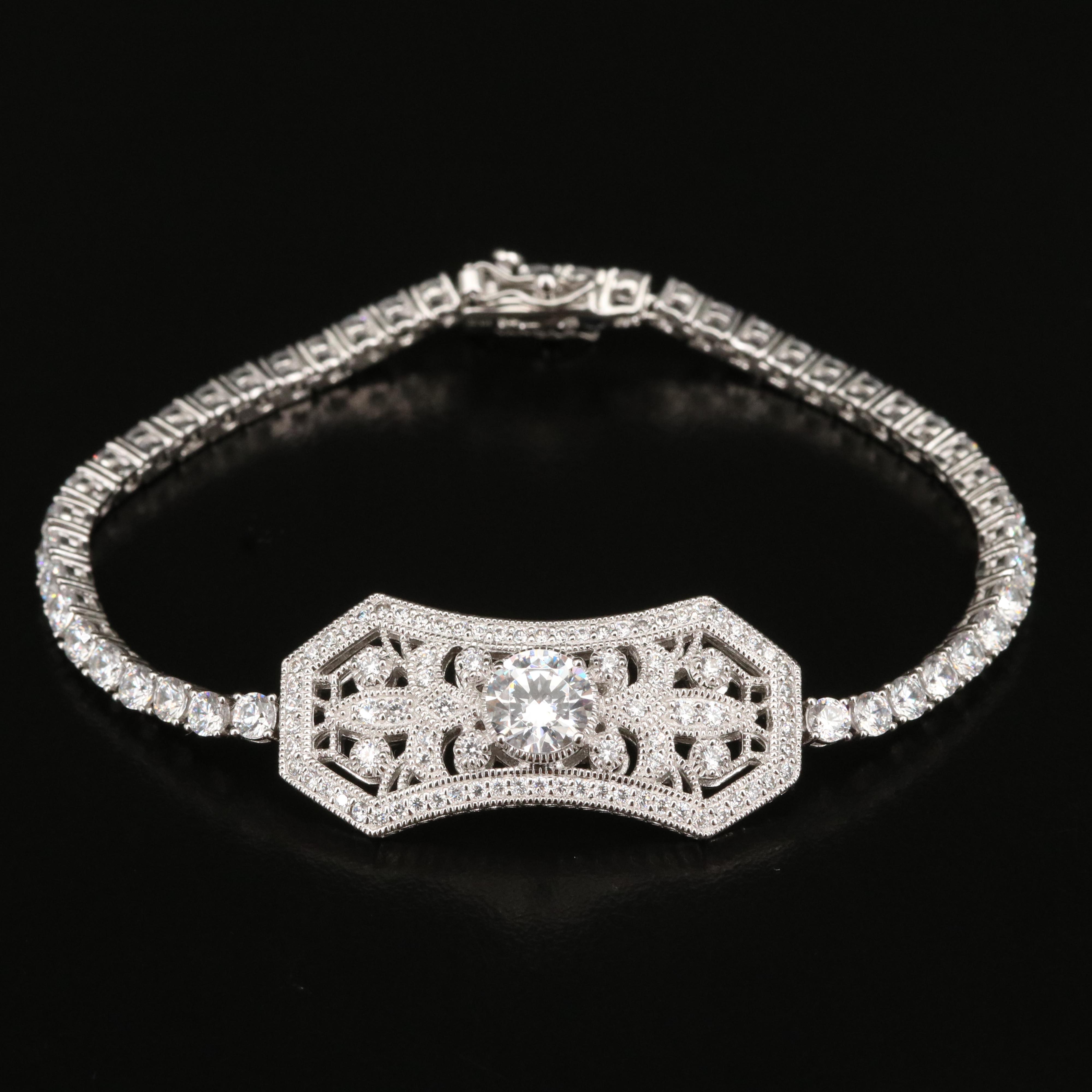 Vanna K Vintage Style Sterling Cubic Zirconia Openwork Pendant Line Bracelet