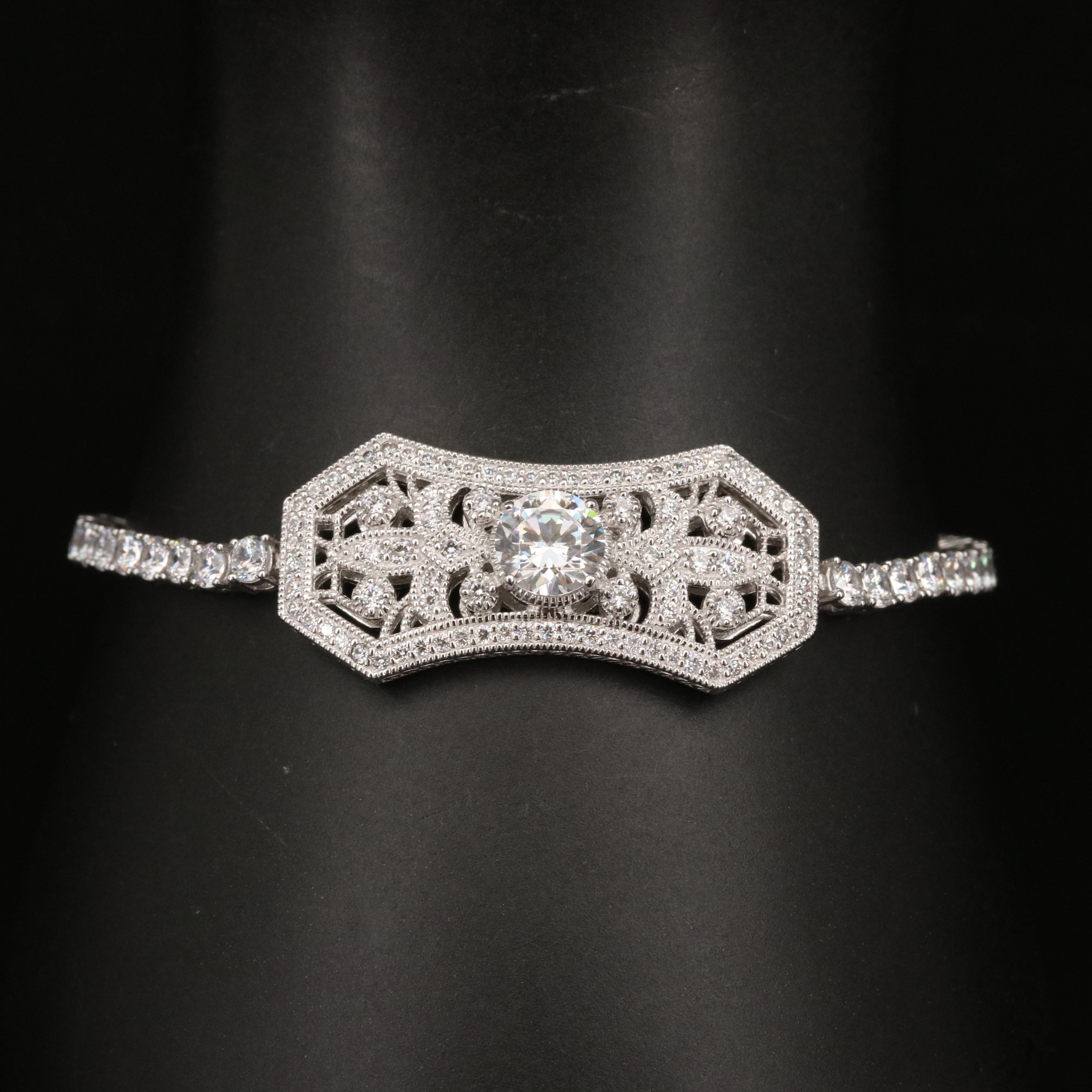 Vanna K Vintage Style Sterling Cubic Zirconia Openwork Pendant Line Bracelet