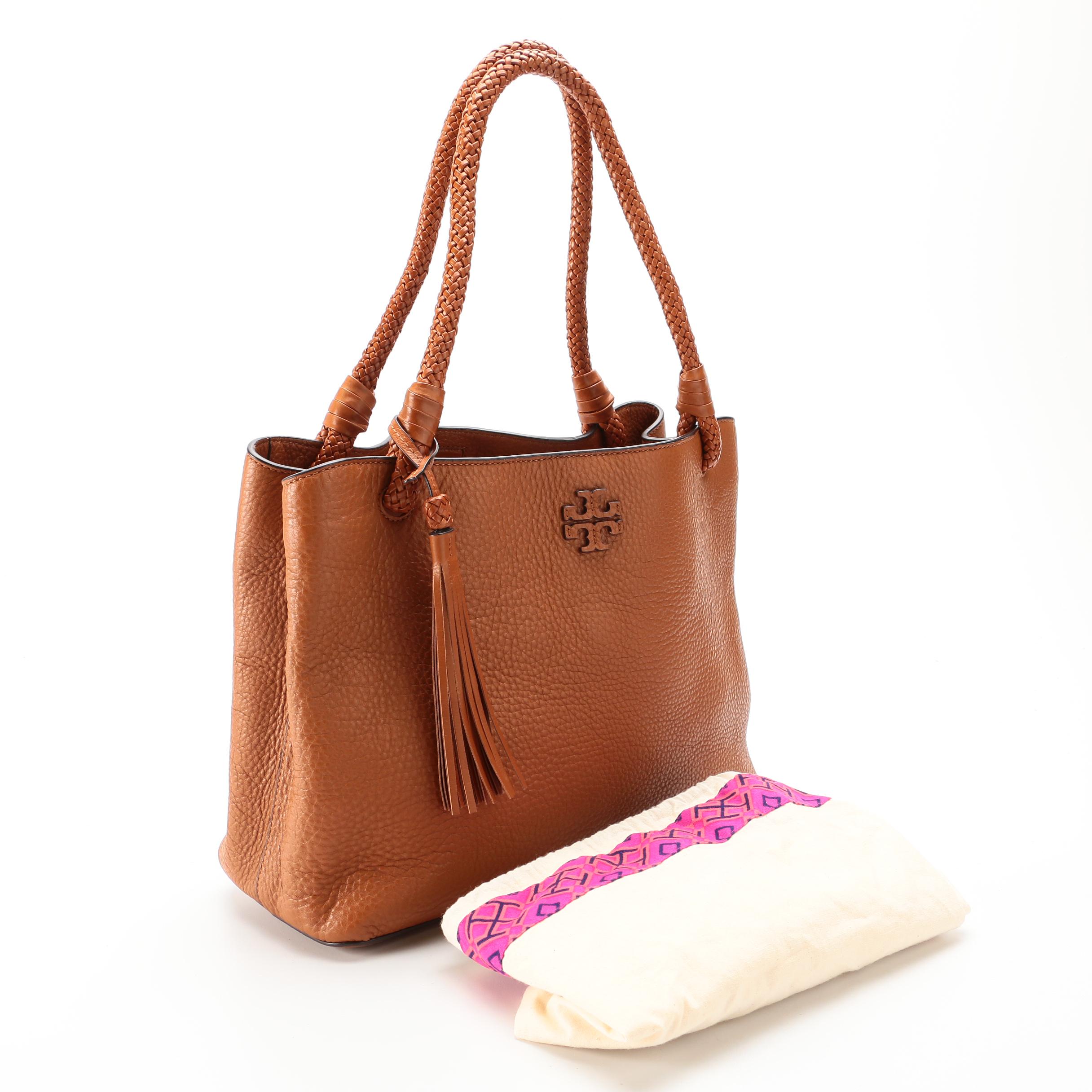 Tory Burch Taylor Tassel Tote in Brown Pebbled Leather with Woven Handles