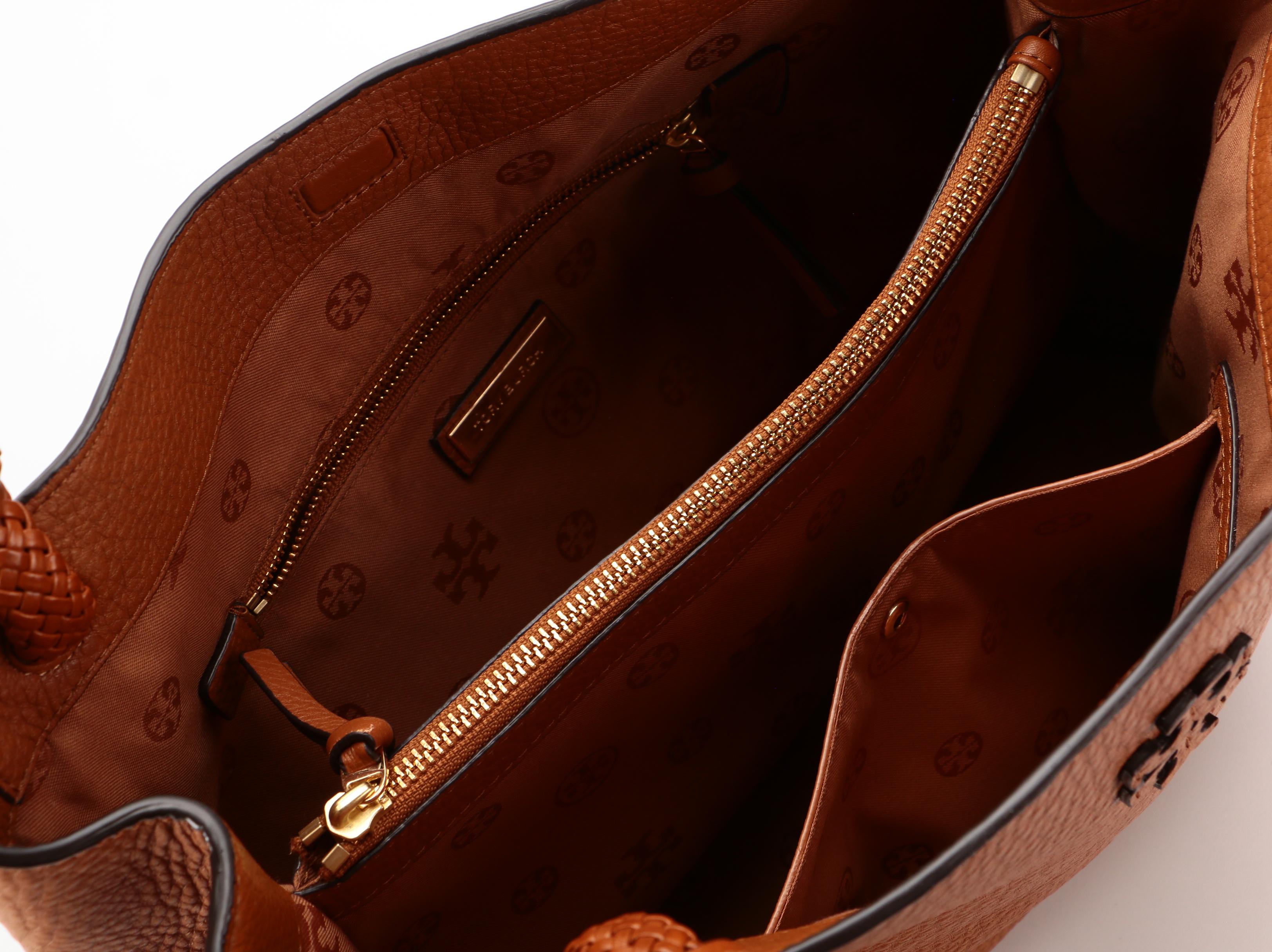 Tory Burch Taylor Tassel Tote in Brown Pebbled Leather with Woven Handles