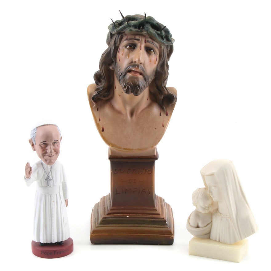 The Christ of Limpias Plaster Statuette with Pope Francis and Madonna and Child