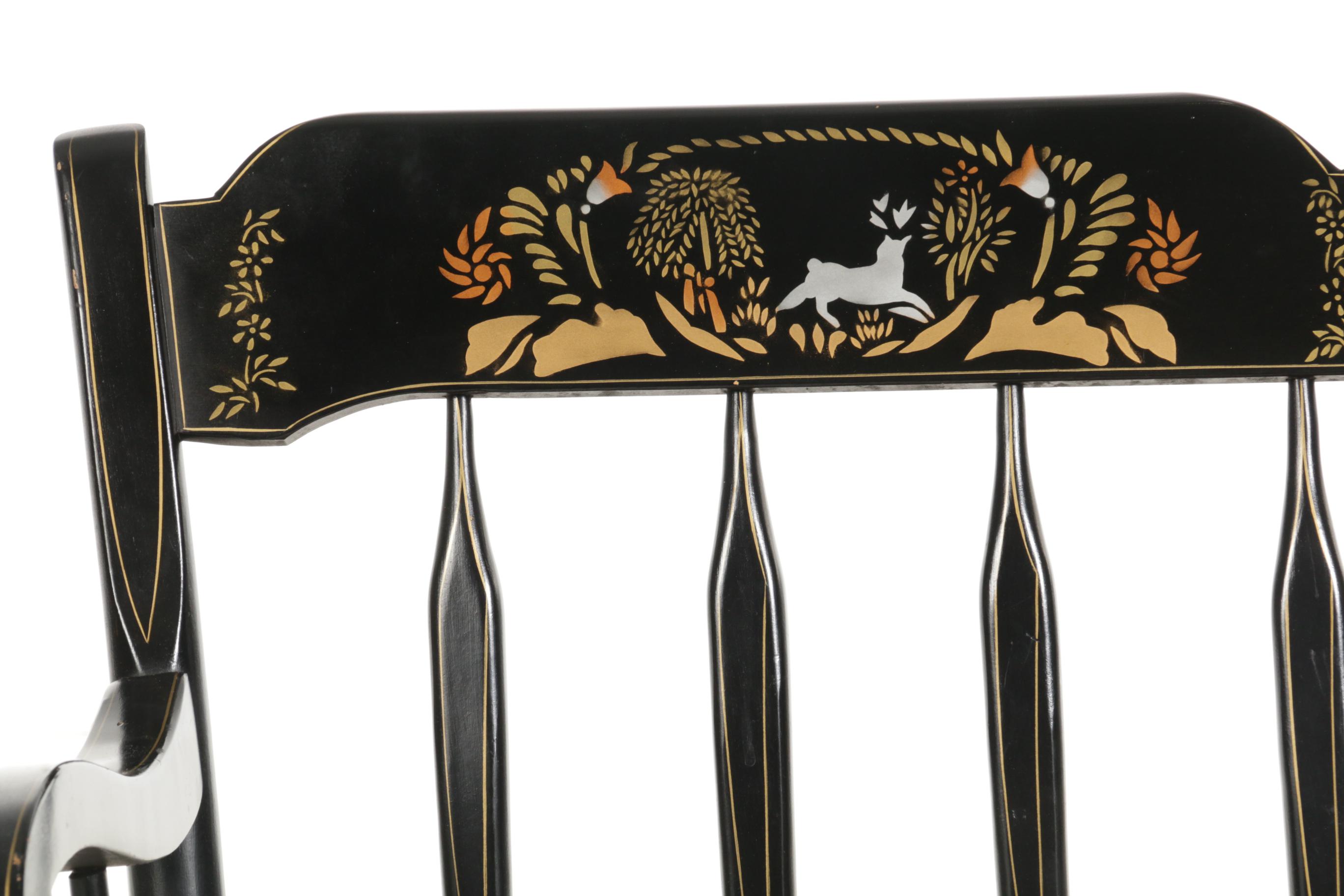 Ethan Allen Stencil-Painted, Ebonized and Parcel-Gilt Maple Arrow-Back Bench
