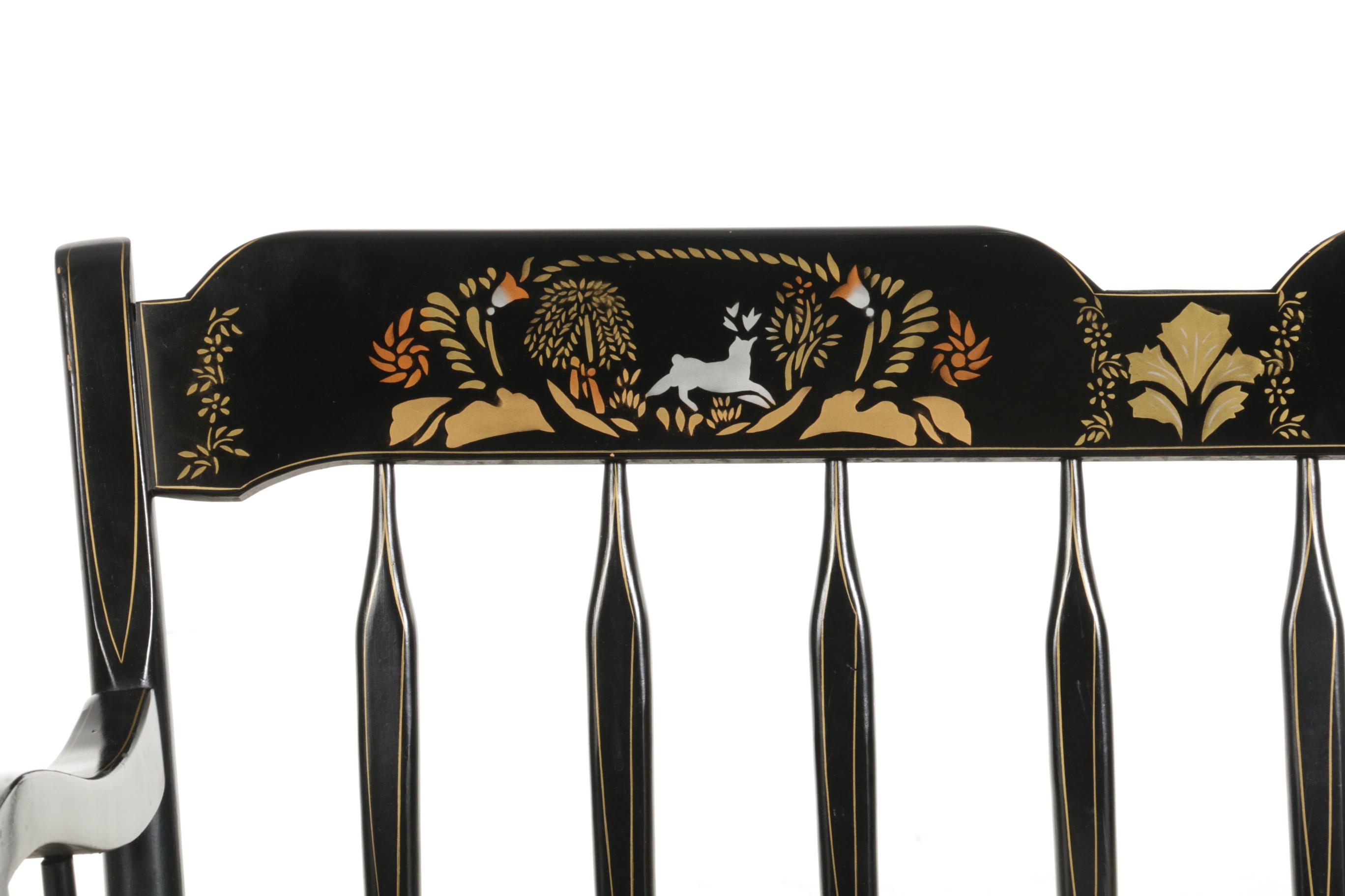 Ethan Allen Stencil-Painted, Ebonized and Parcel-Gilt Maple Arrow-Back Bench