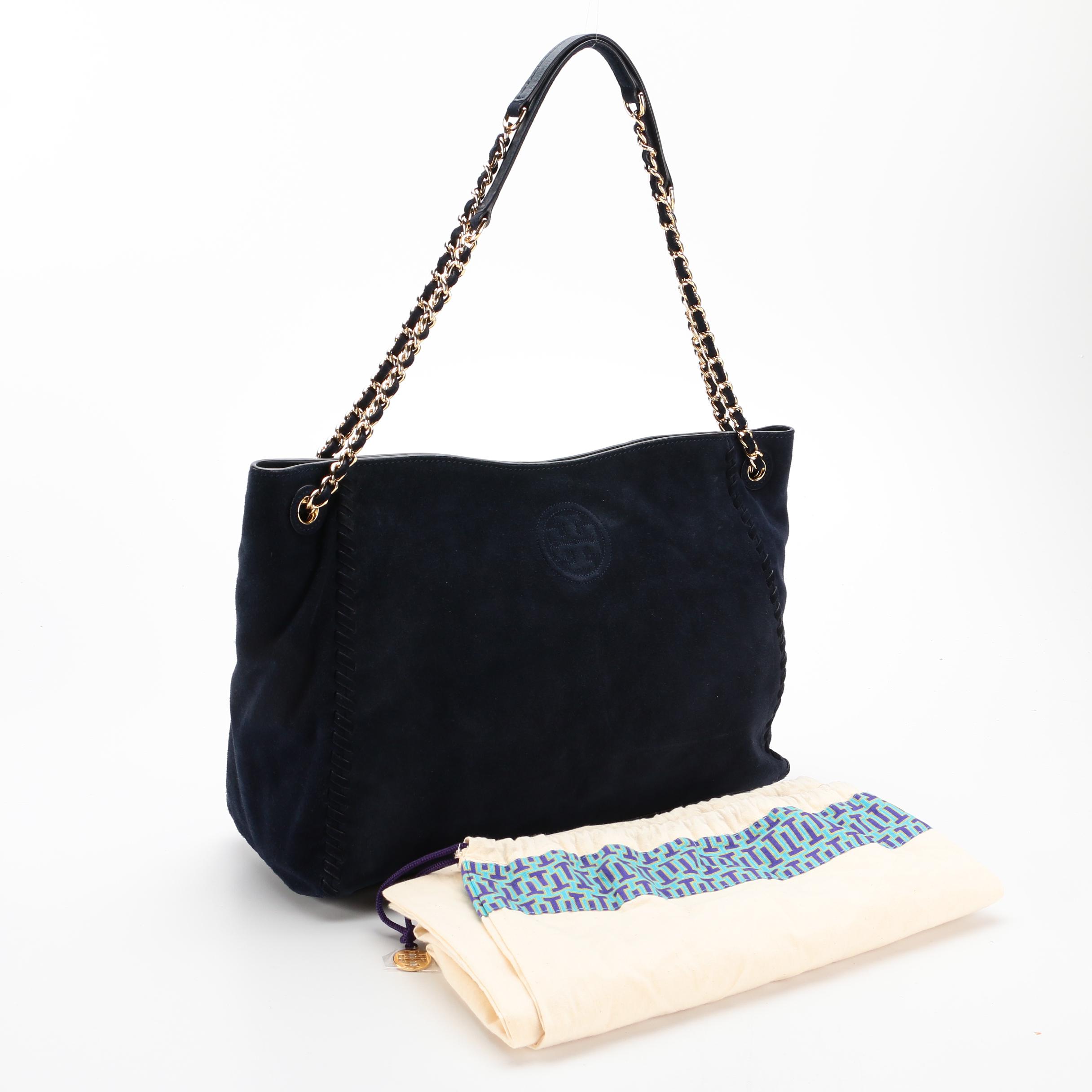 Tory Burch Navy Suede Shoulder Bag and Vinyl Cosmetics Pouch