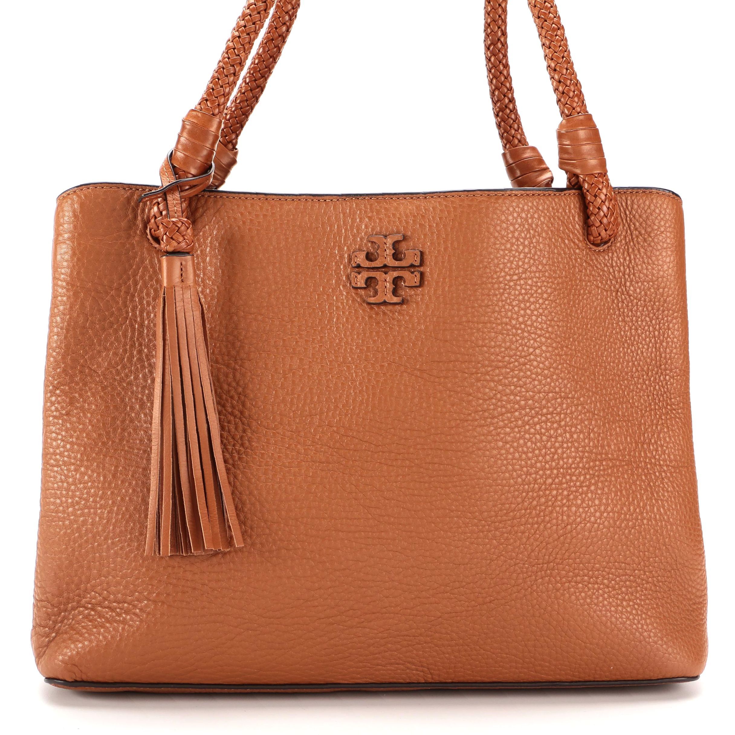 Tory Burch Taylor Tassel Tote in Brown Pebbled Leather with Woven Handles