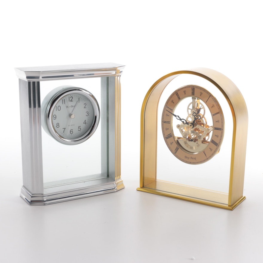 Bey-Berk Gold Tone and Chrome Metal and Acrylic Desk Clocks