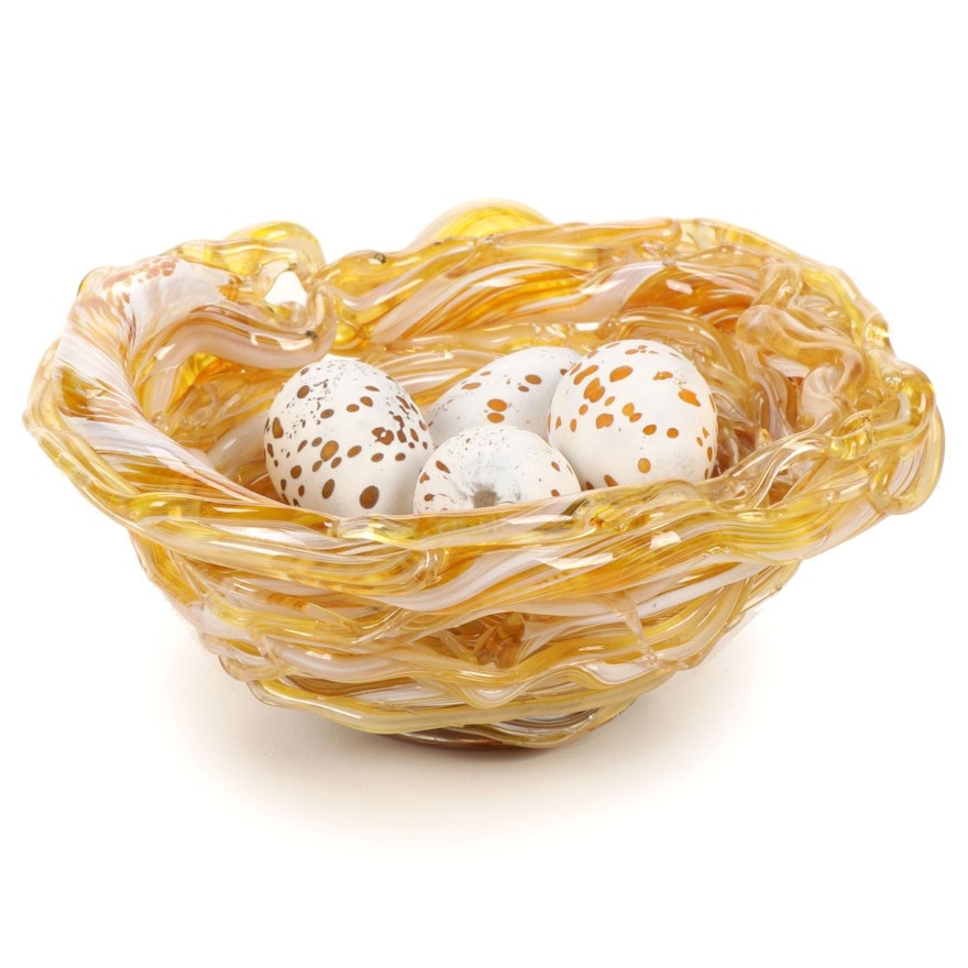 Andy Hudson Handblown Art Glass Nest and Eggs, 1993 & 2021