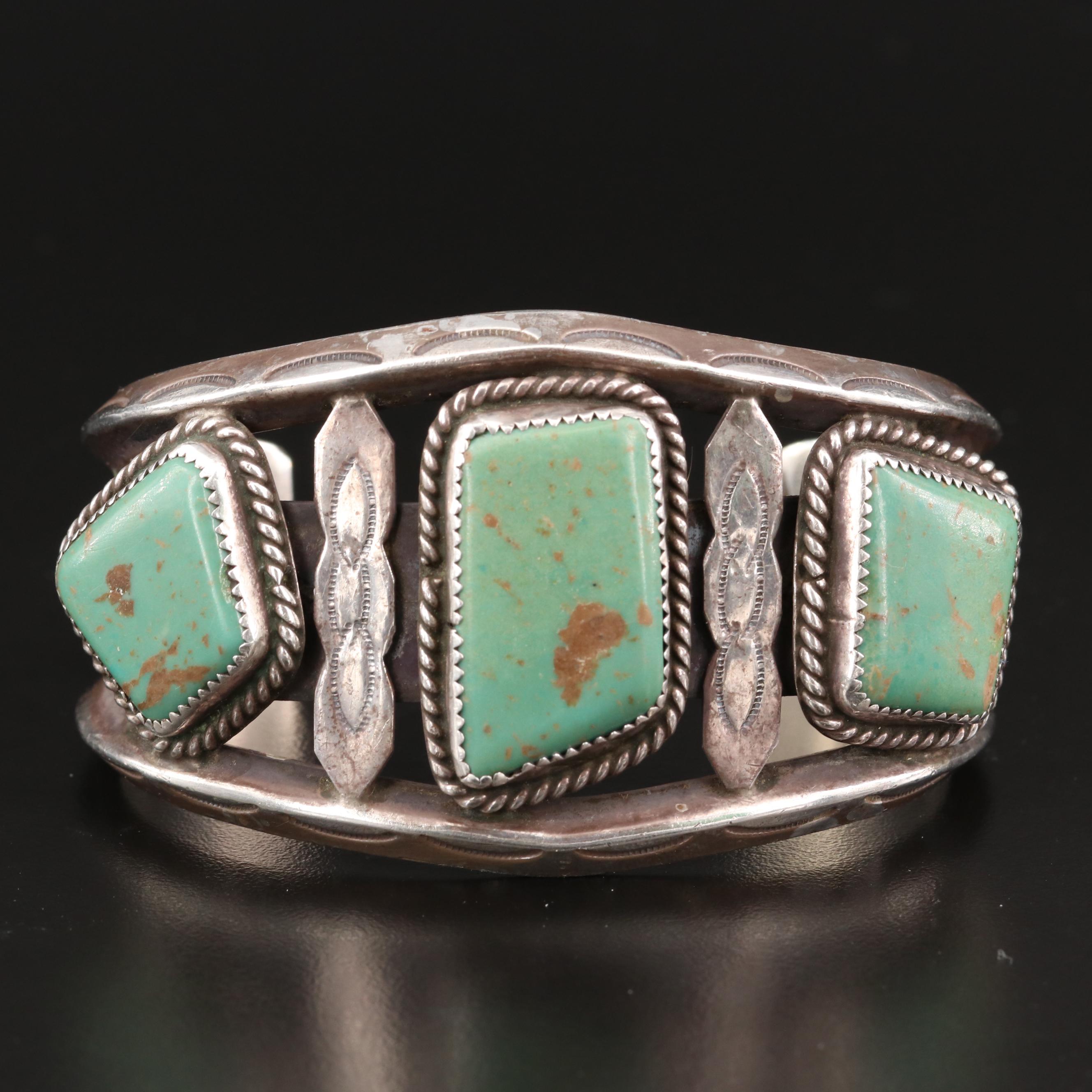 Vintage Eula Mae Begay Navajo Diné Sterling Silver Turquoise Stampwork Cuff