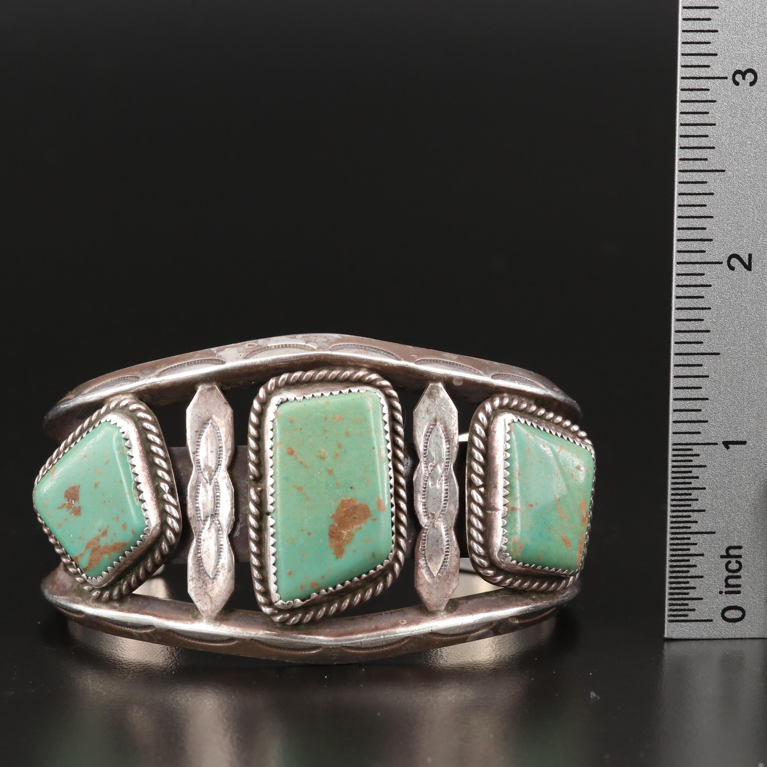 Vintage Eula Mae Begay Navajo Diné Sterling Silver Turquoise Stampwork Cuff