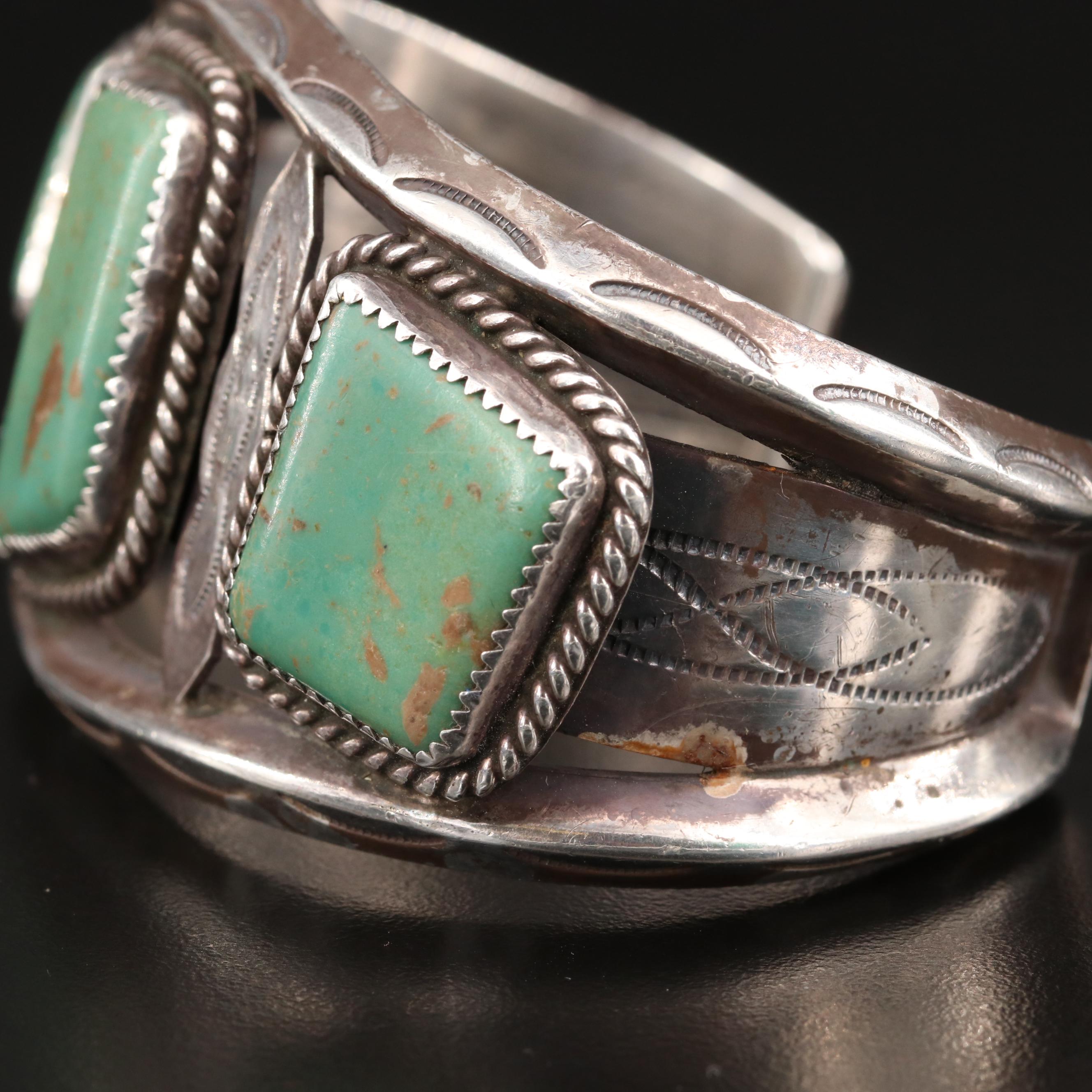 Vintage Eula Mae Begay Navajo Diné Sterling Silver Turquoise Stampwork Cuff