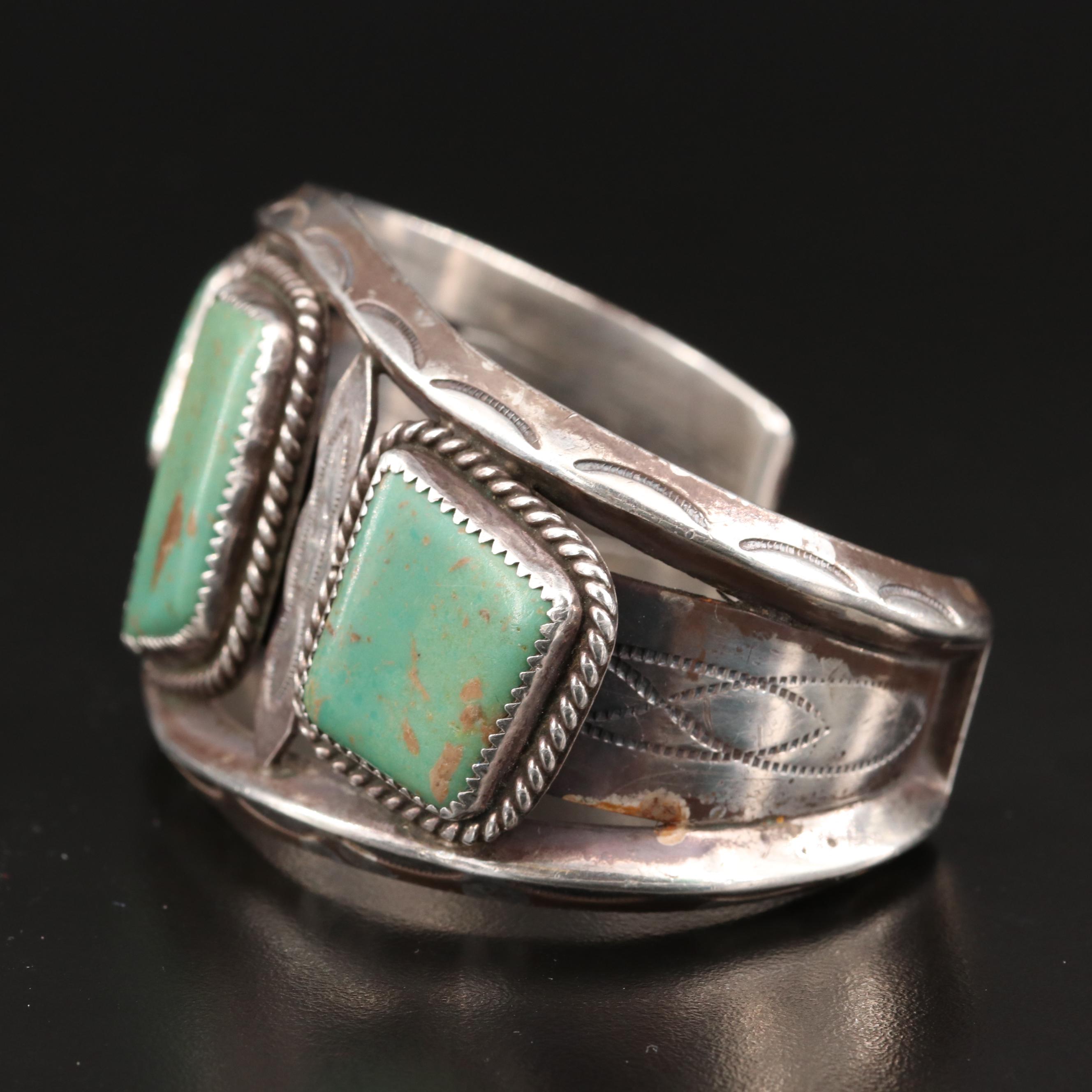 Vintage Eula Mae Begay Navajo Diné Sterling Silver Turquoise Stampwork Cuff