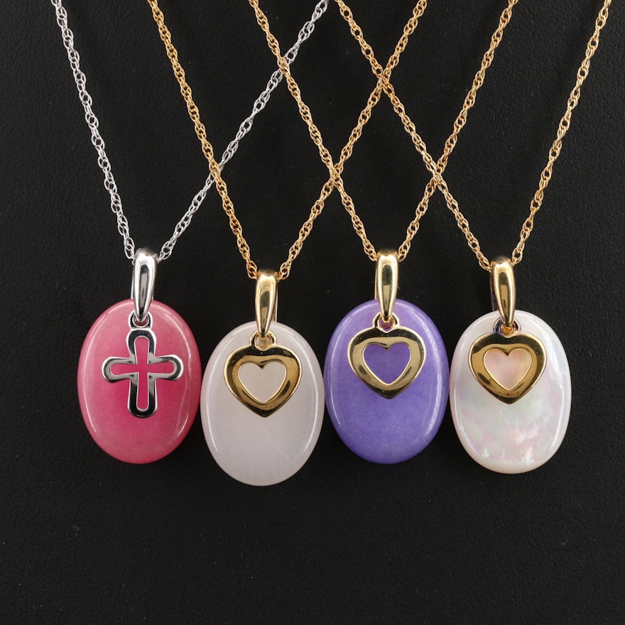 Quartzite and Mother of Pearl Necklaces with Cross, Hearts and Sterling