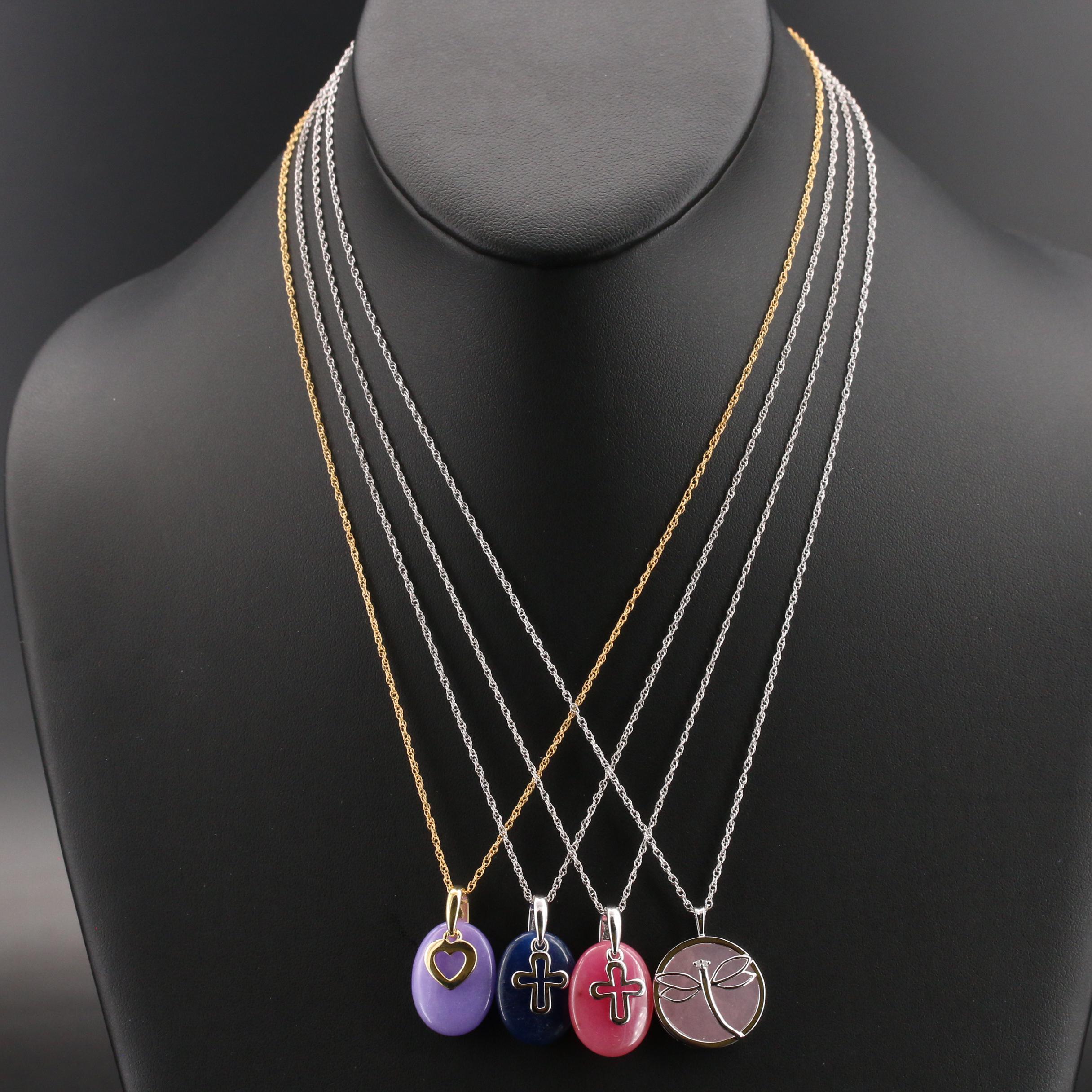 Sterling and Gold-Filled Gemstone Cross, Dragonfly and Heart Necklaces