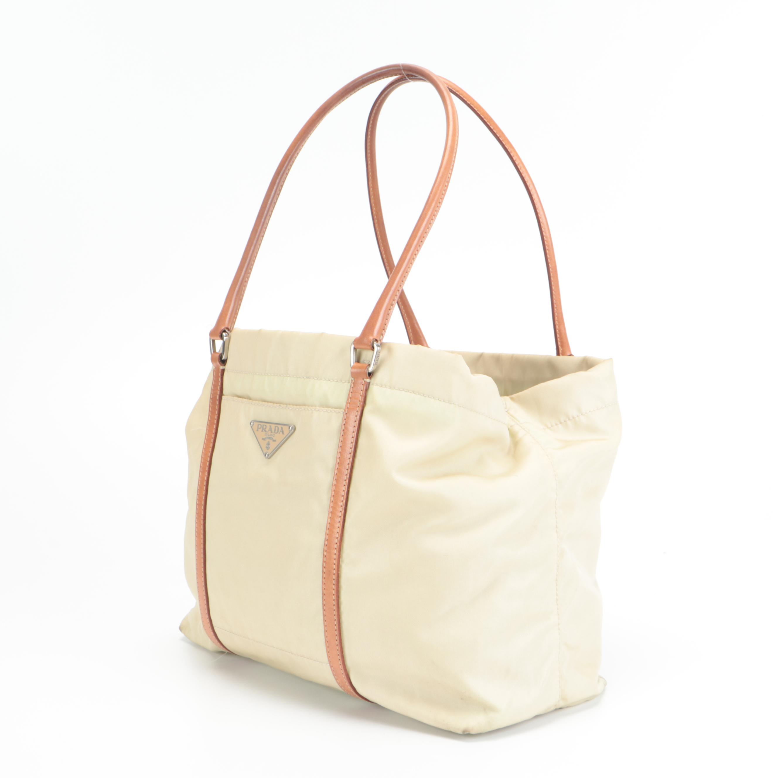 Prada Small Shopping Tote in Nylon with Tan Leather Trim