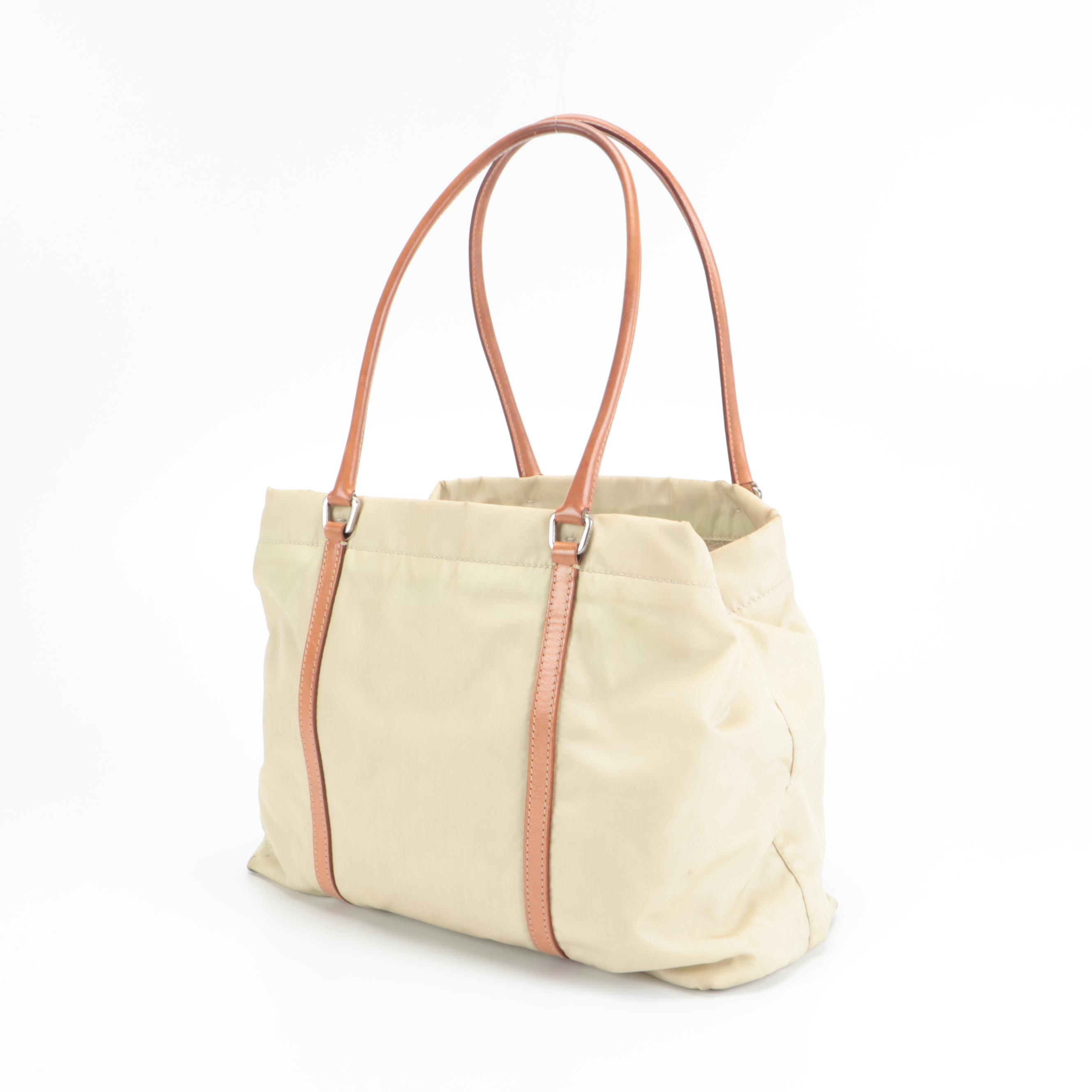 Prada Small Shopping Tote in Nylon with Tan Leather Trim