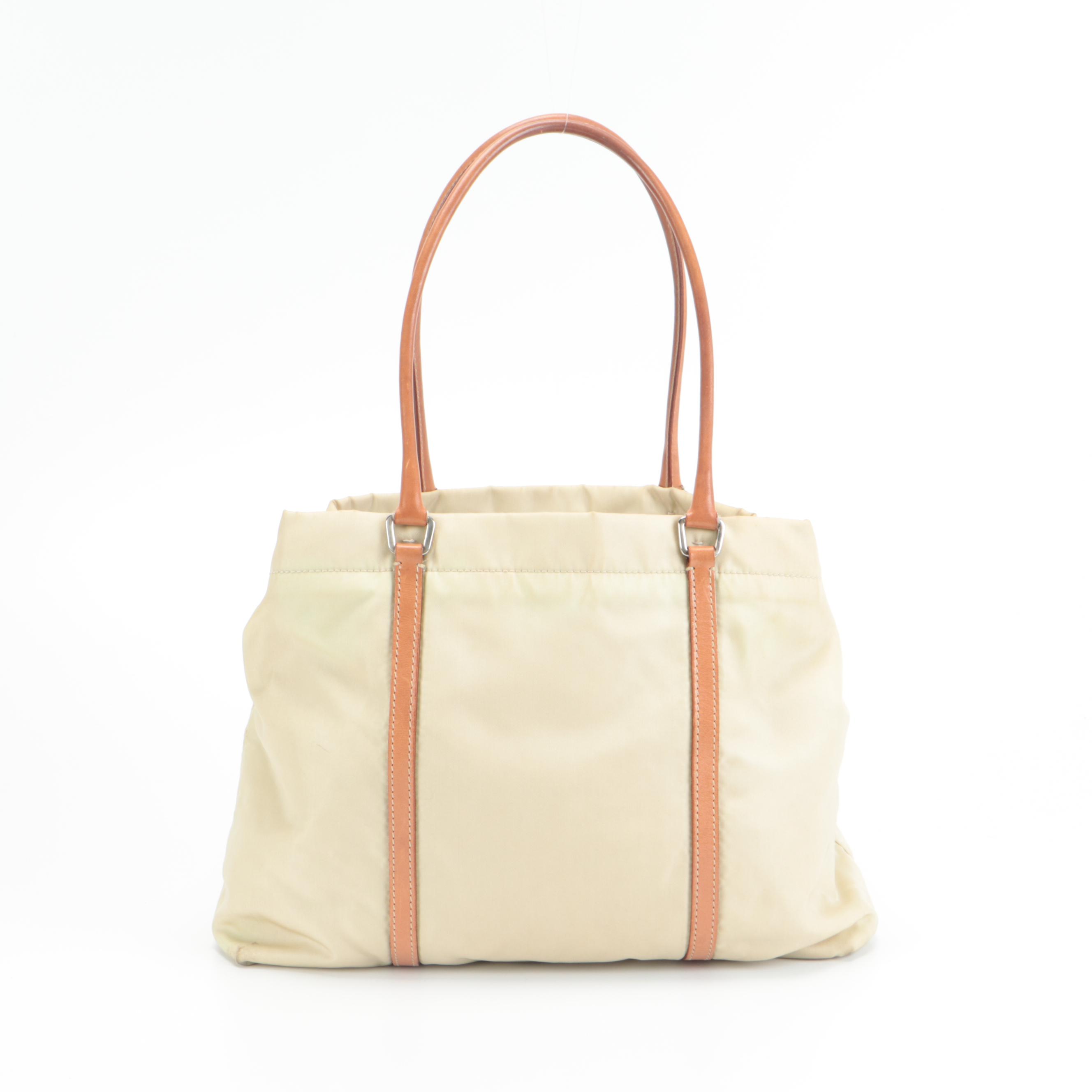 Prada Small Shopping Tote in Nylon with Tan Leather Trim