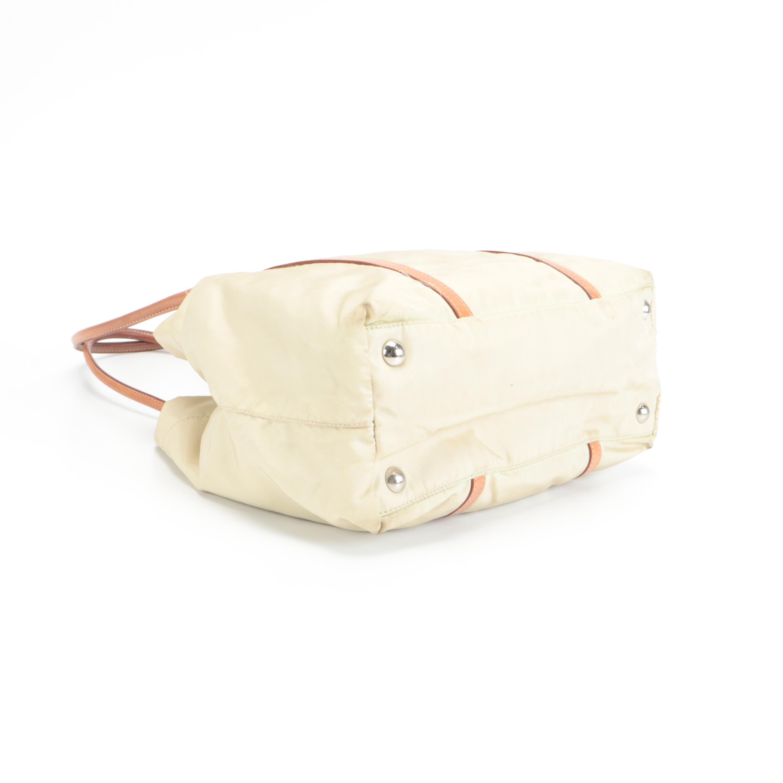 Prada Small Shopping Tote in Nylon with Tan Leather Trim