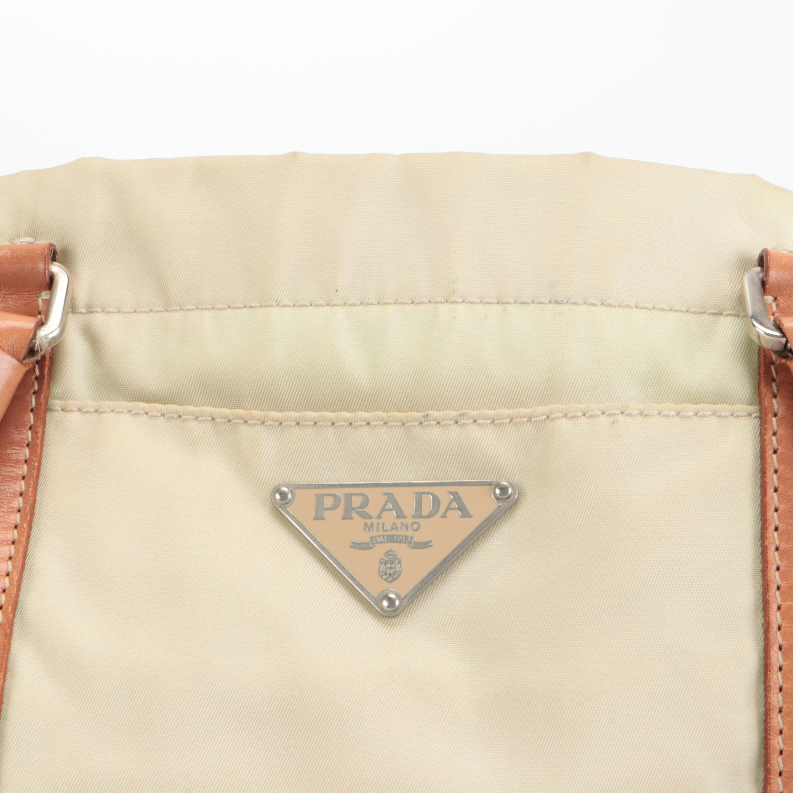 Prada Small Shopping Tote in Nylon with Tan Leather Trim