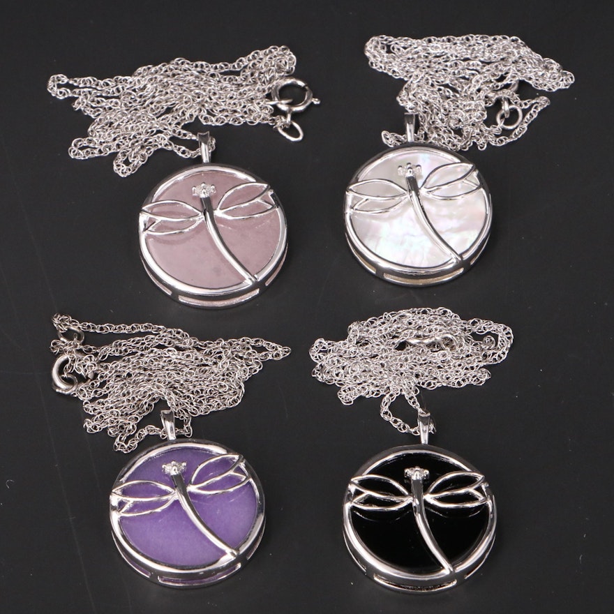 Sterling Dragonfly Pendant Necklaces with Mother of Pearl, Quartzite and Diamond