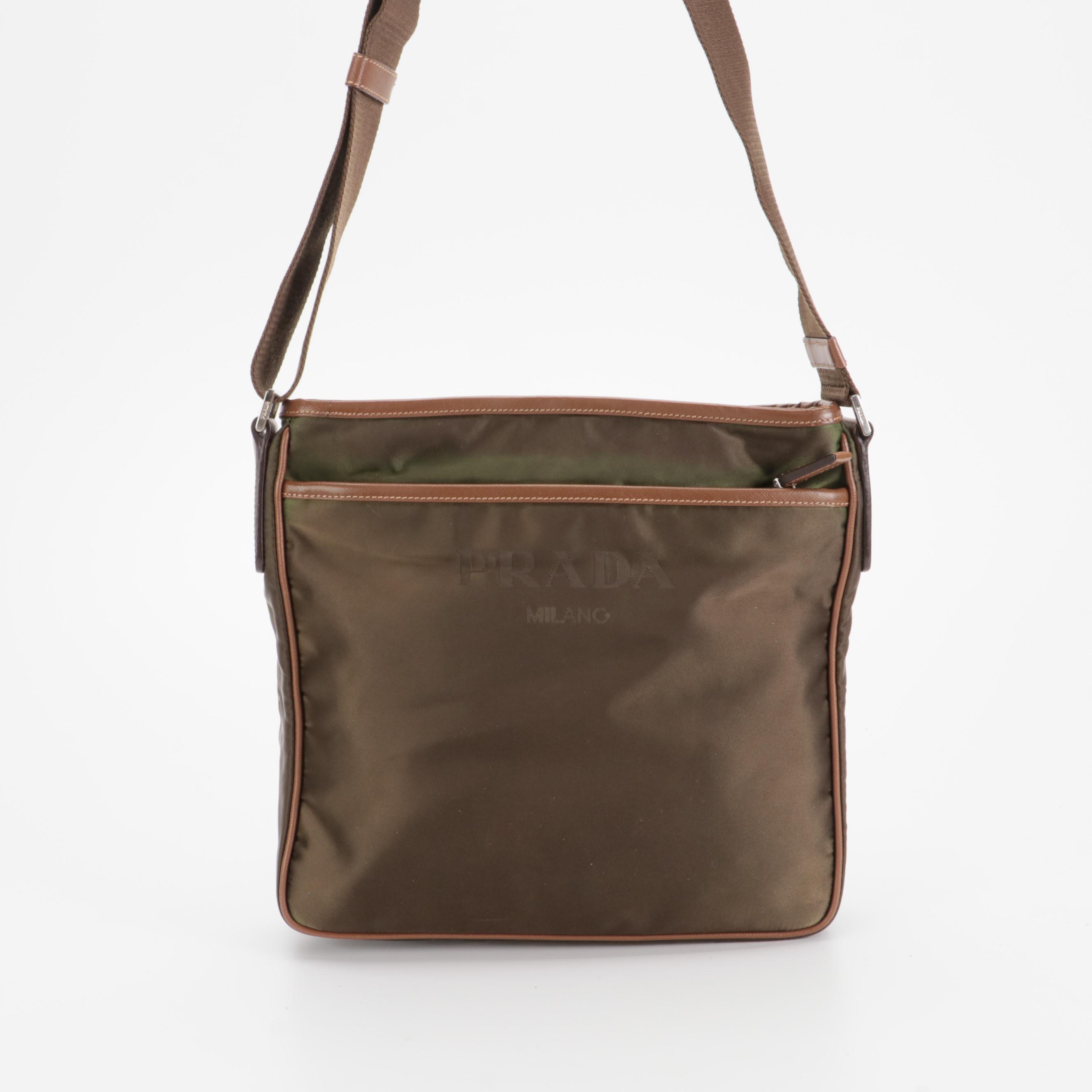 Prada Crossbody Bag in Green Tessuto Nylon with Brown Saffiano Leather Trim