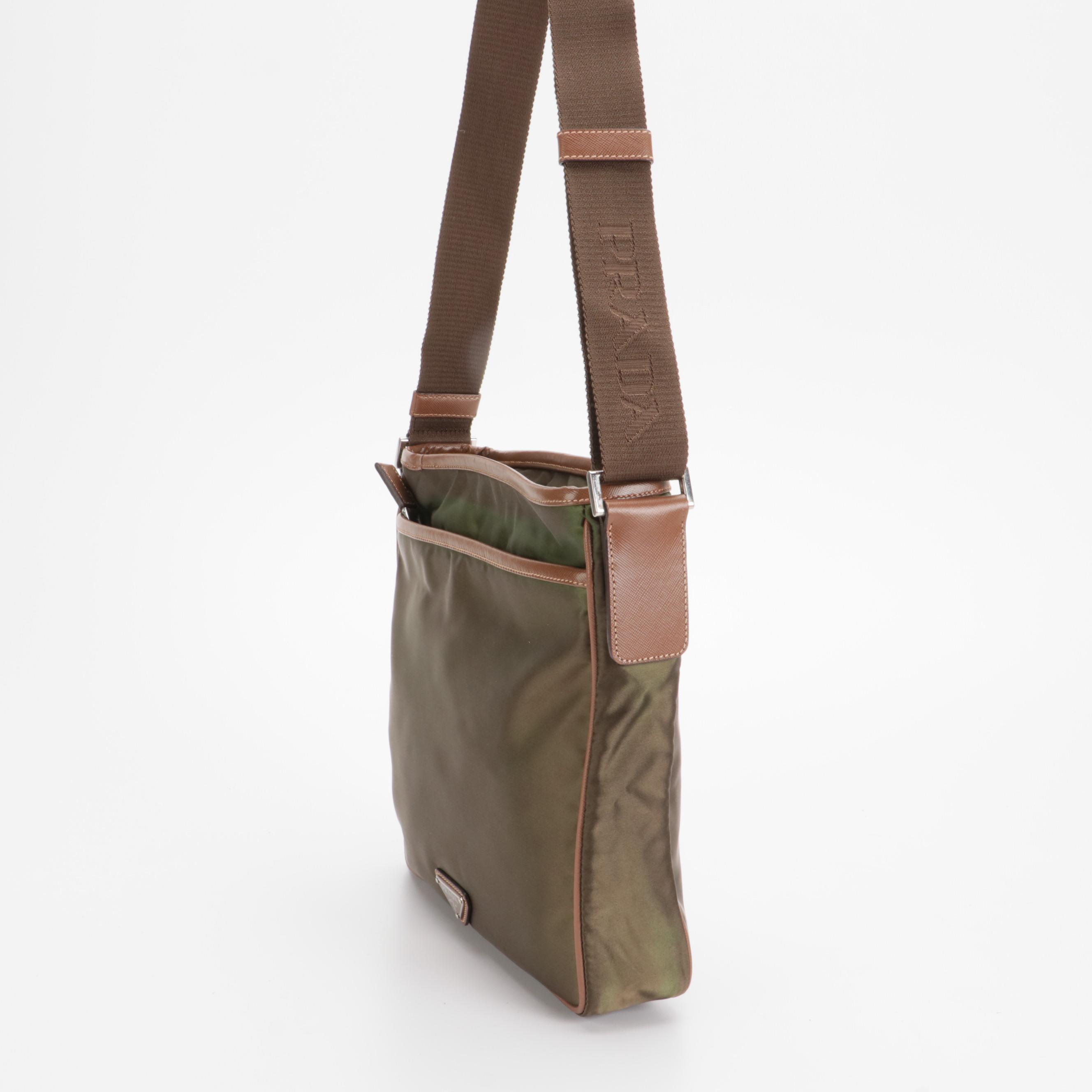 Prada Crossbody Bag in Green Tessuto Nylon with Brown Saffiano Leather Trim