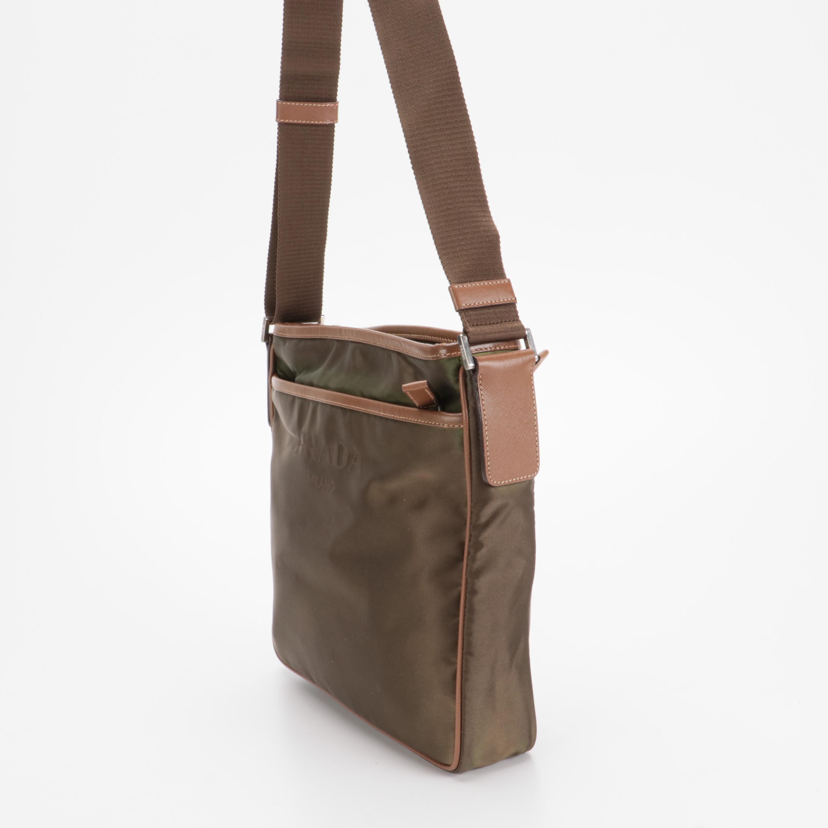 Prada Crossbody Bag in Green Tessuto Nylon with Brown Saffiano Leather Trim