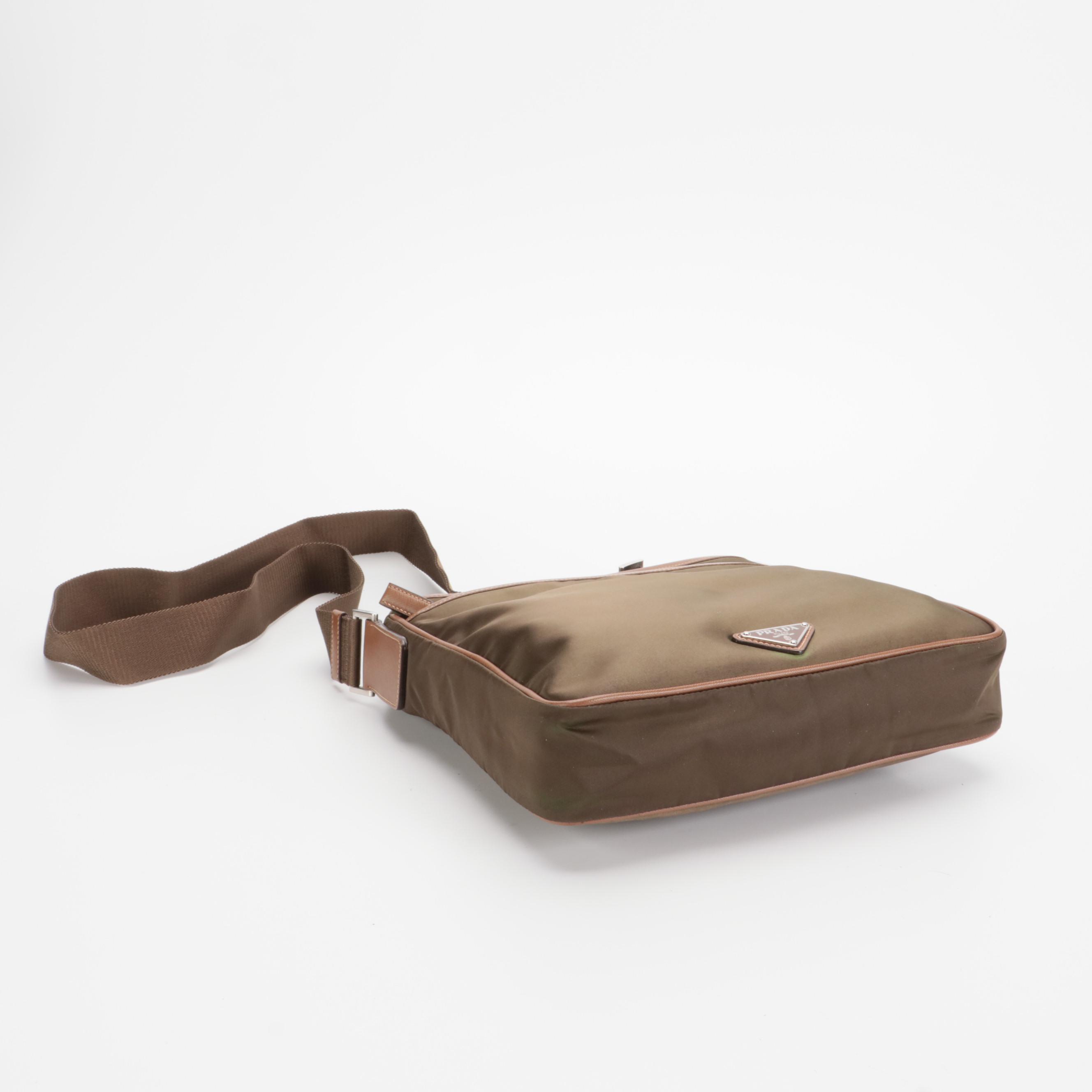 Prada Crossbody Bag in Green Tessuto Nylon with Brown Saffiano Leather Trim
