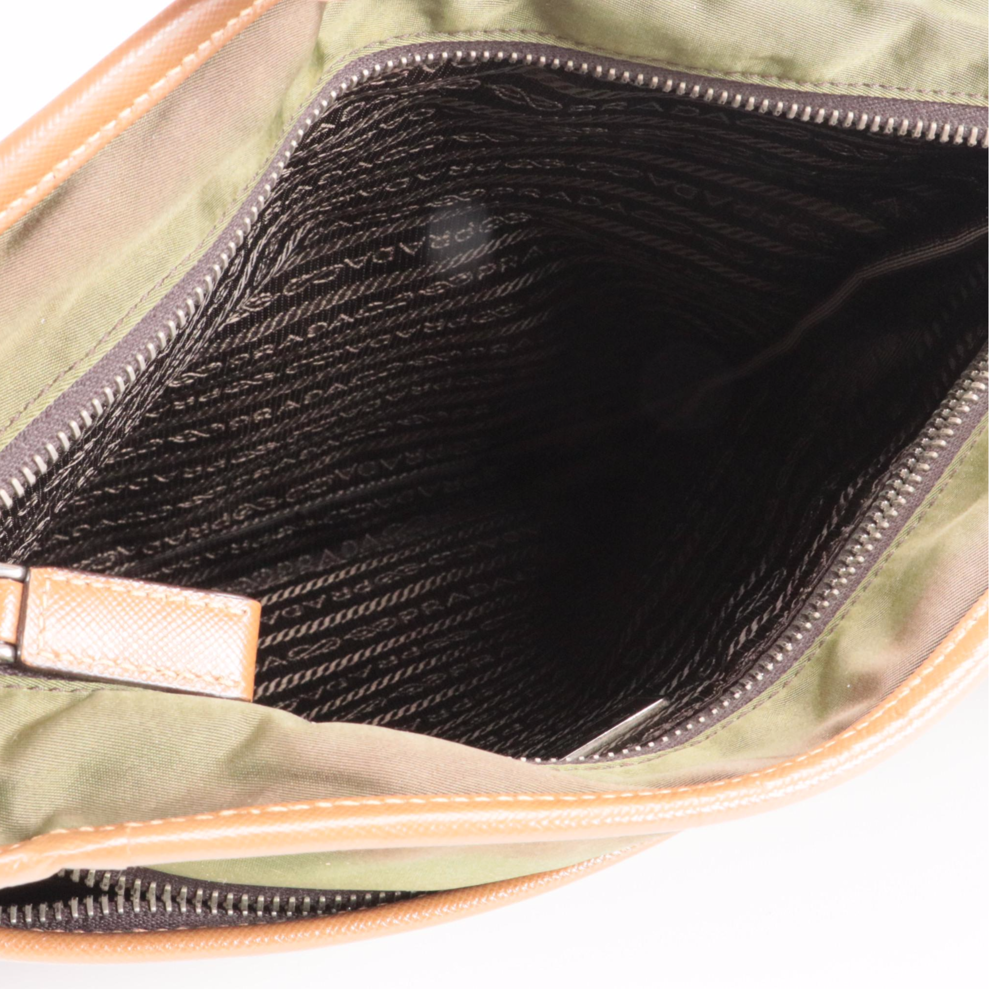 Prada Crossbody Bag in Green Tessuto Nylon with Brown Saffiano Leather Trim