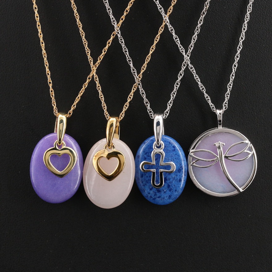 Sterling and Gold Filled Quartzite and Diamond Pendant Necklaces with Hearts