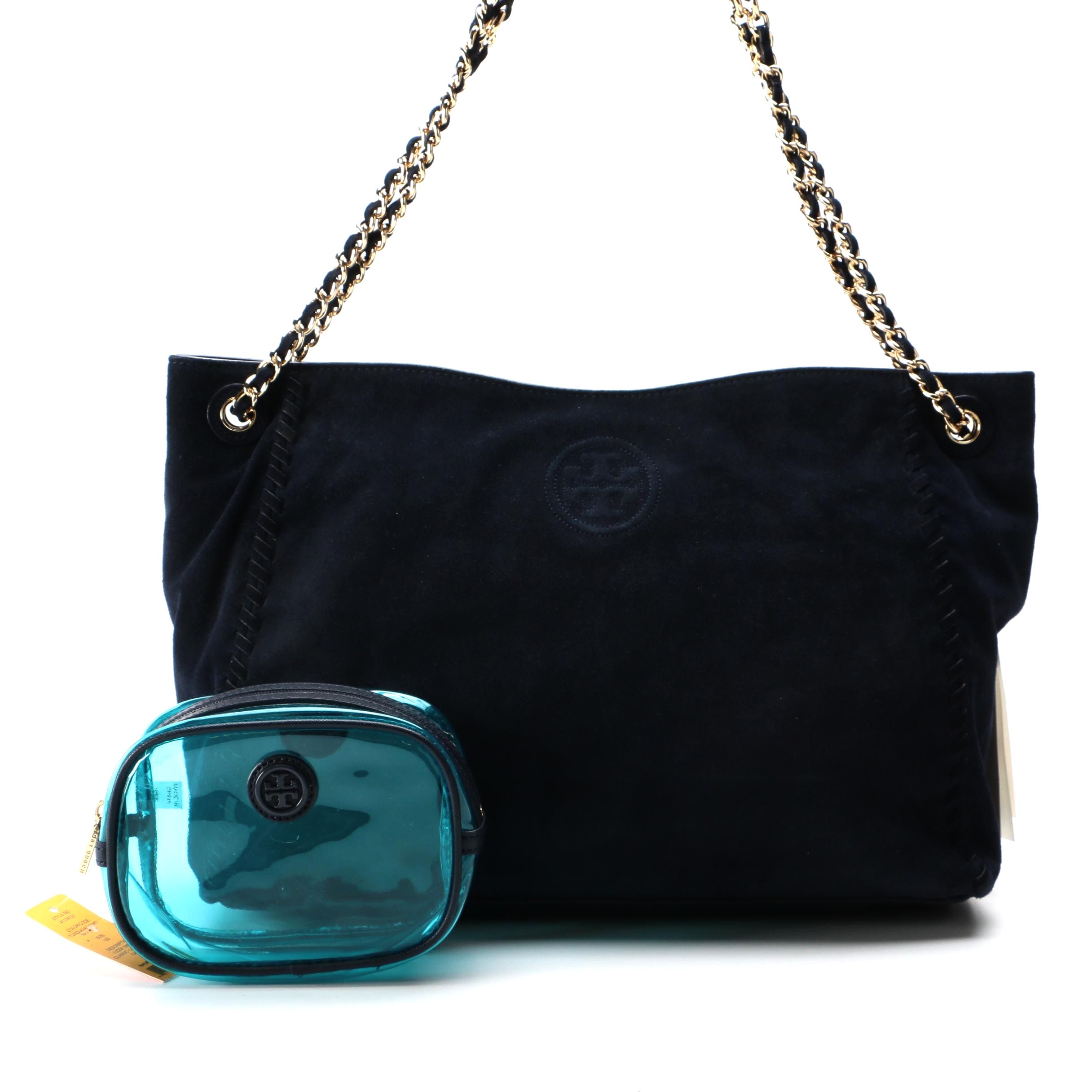 Tory Burch Navy Suede Shoulder Bag and Vinyl Cosmetics Pouch