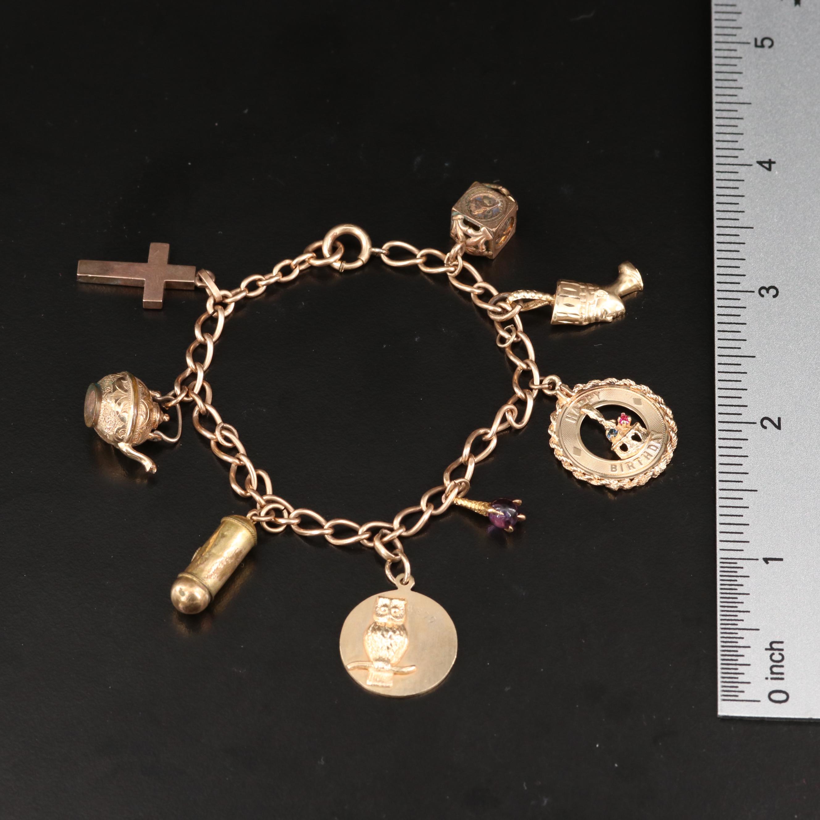 Vintage 14K Charm Bracelet with Amethyst and Glass Charms
