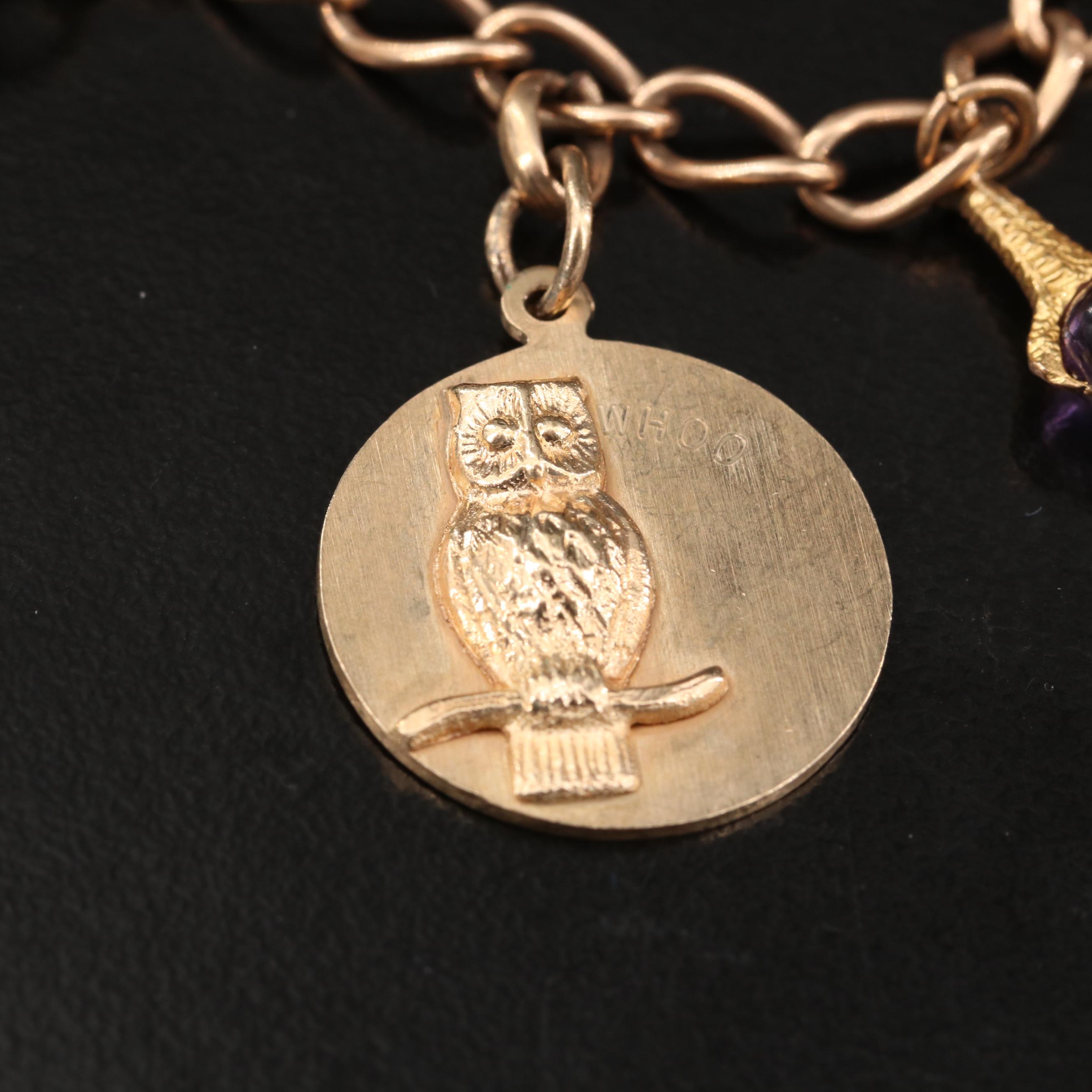 Vintage 14K Charm Bracelet with Amethyst and Glass Charms