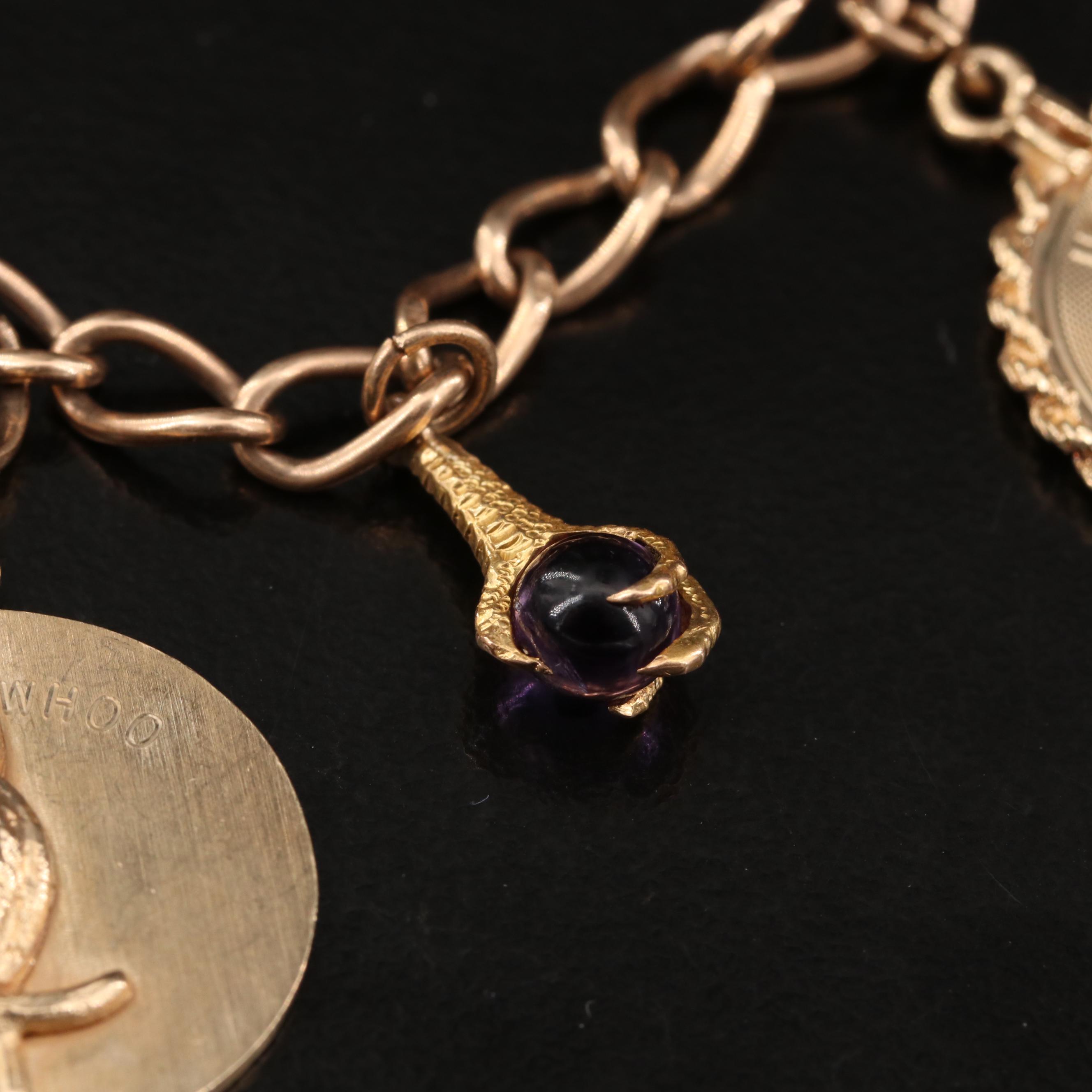 Vintage 14K Charm Bracelet with Amethyst and Glass Charms