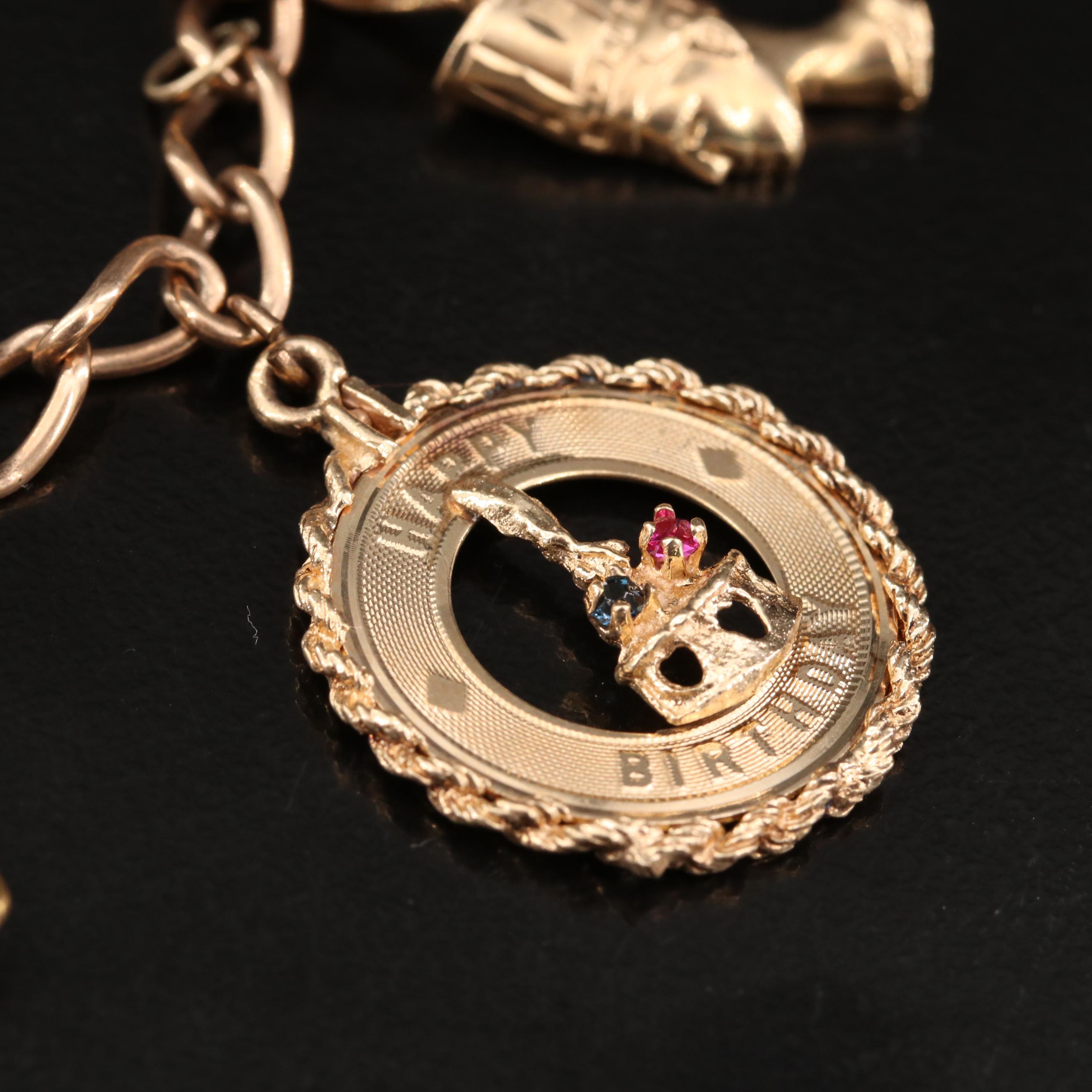 Vintage 14K Charm Bracelet with Amethyst and Glass Charms