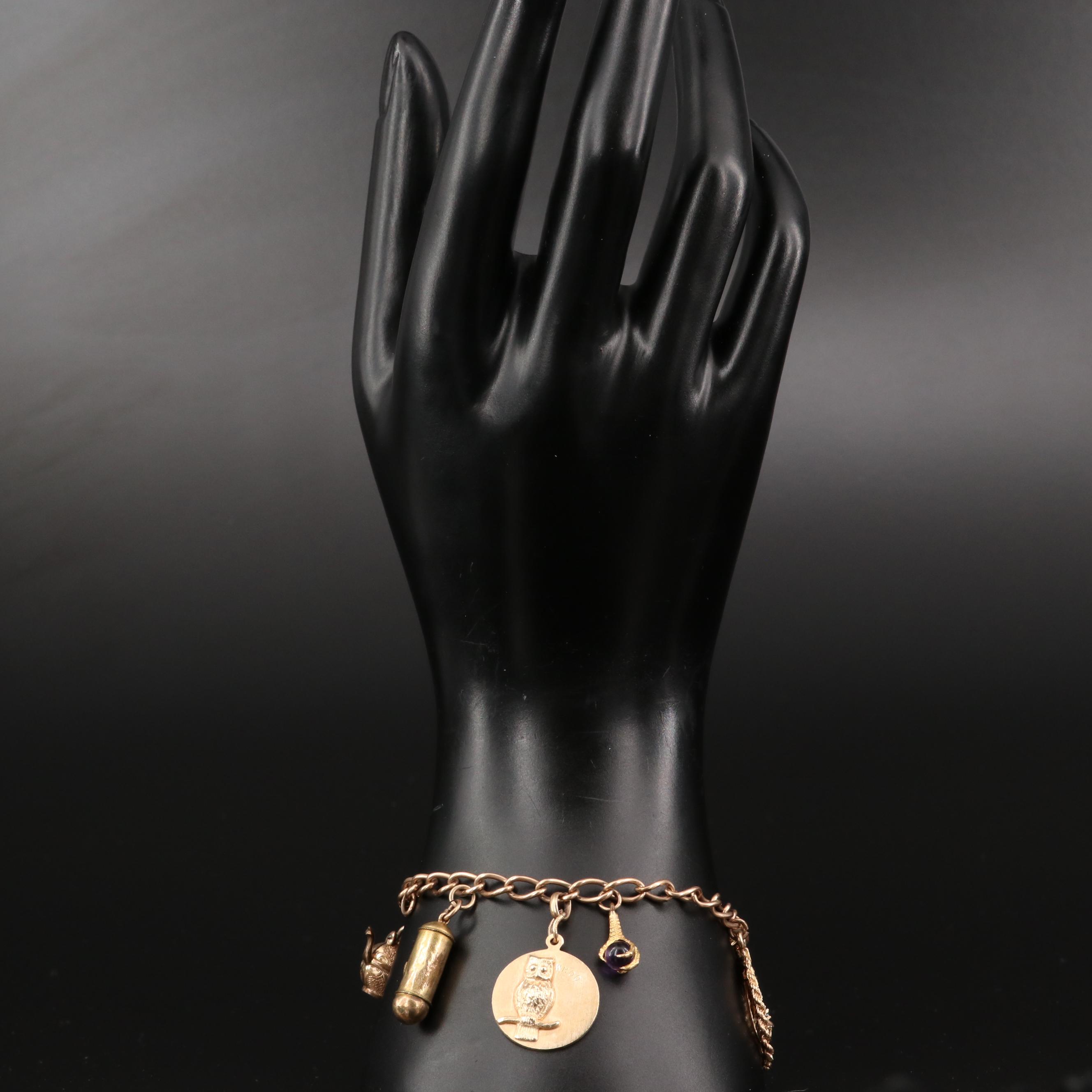 Vintage 14K Charm Bracelet with Amethyst and Glass Charms