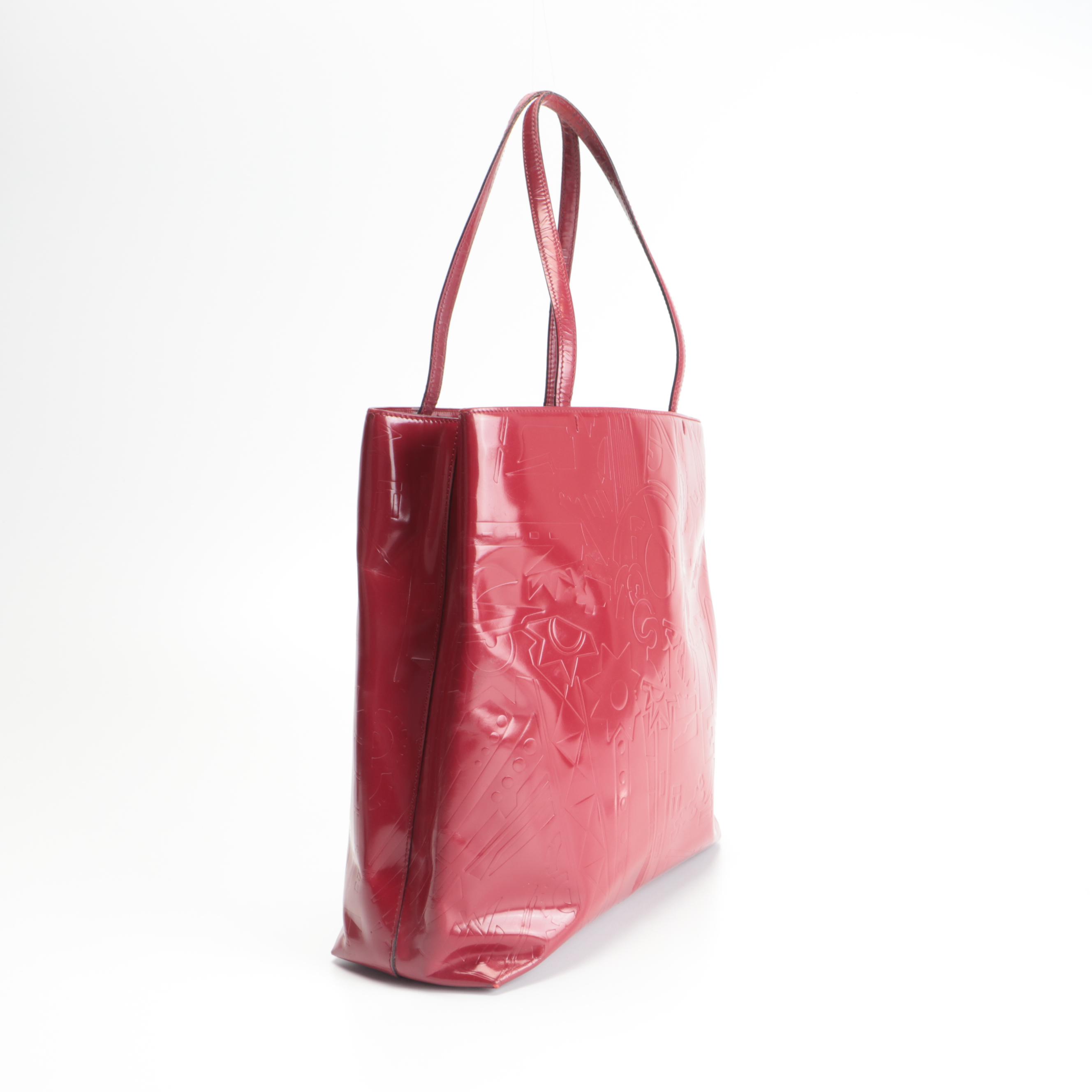 Prada Satchel Style Tote Bag in Red Patent Leather with Embossed Design
