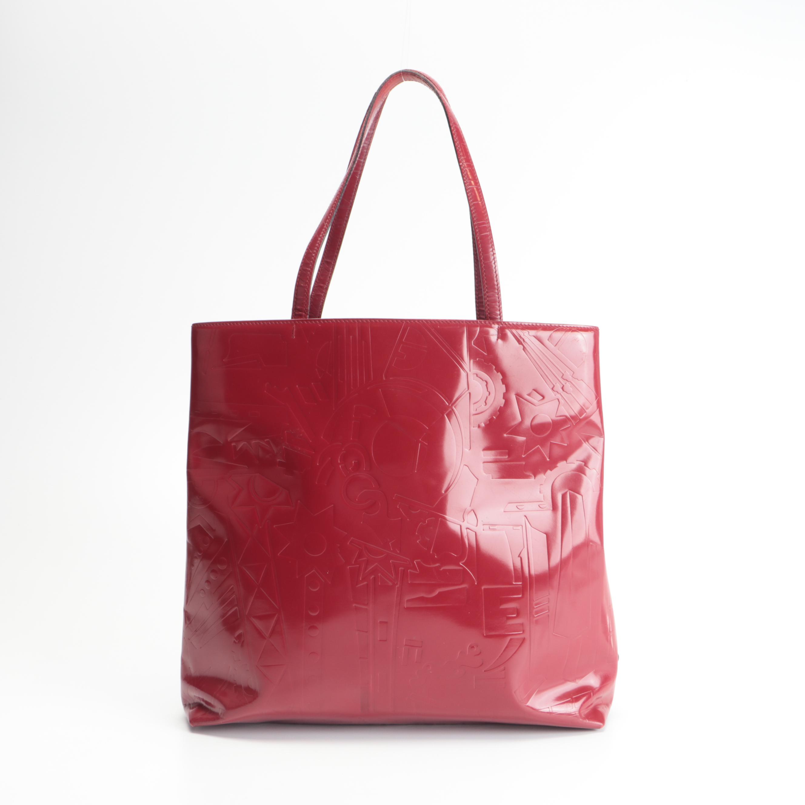 Prada Satchel Style Tote Bag in Red Patent Leather with Embossed Design