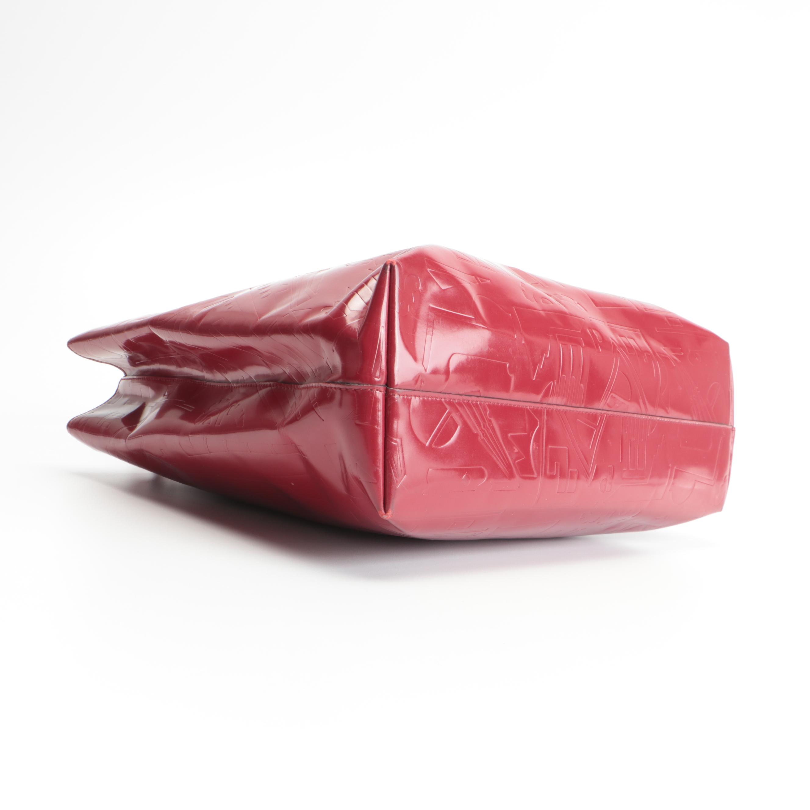 Prada Satchel Style Tote Bag in Red Patent Leather with Embossed Design