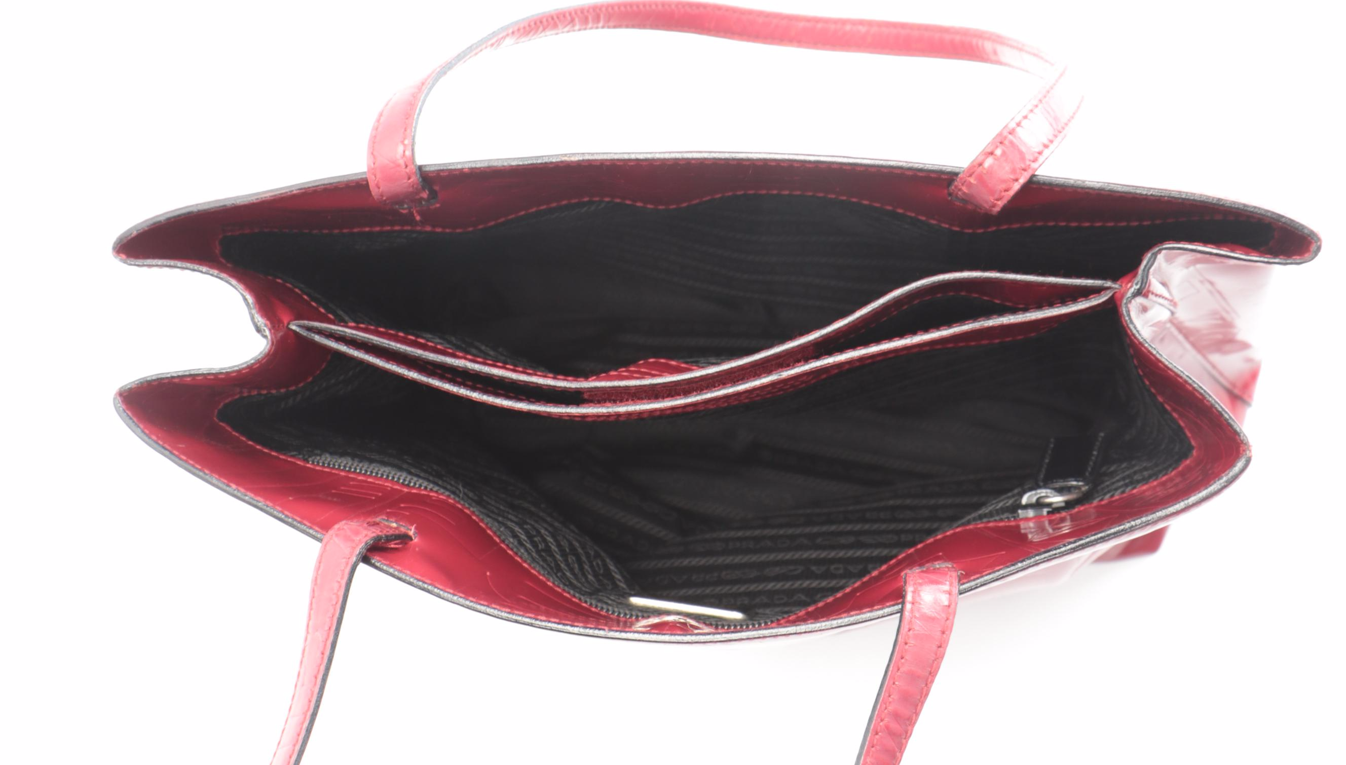 Prada Satchel Style Tote Bag in Red Patent Leather with Embossed Design
